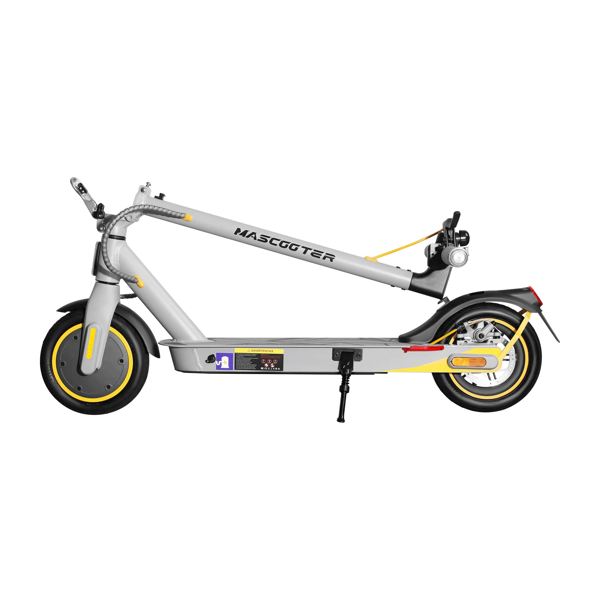 Patinete eléctrico Mascooter gris. Ruedas negras con llantas amarillas. Diseño plegable.