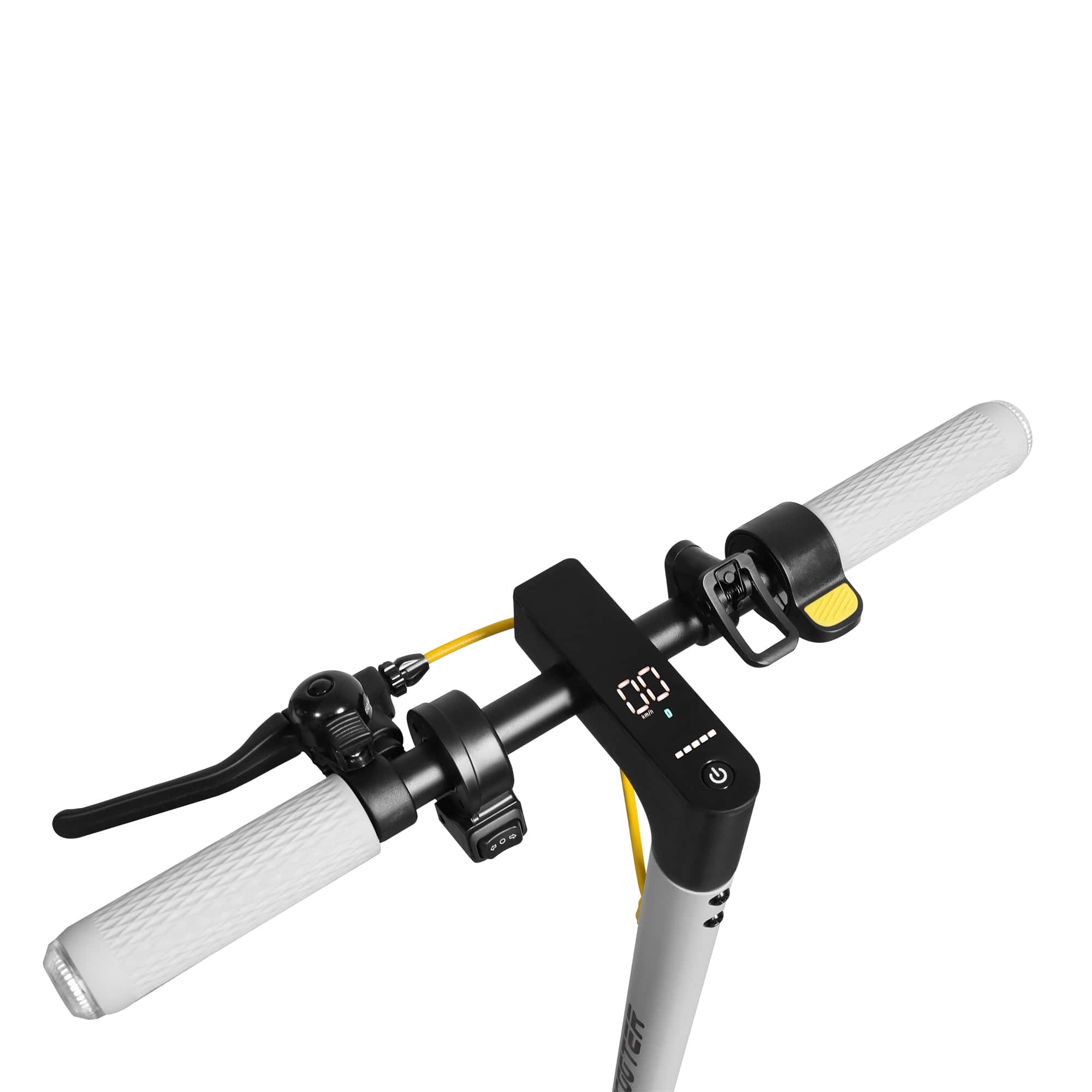 Primer plano del manillar de un patinete eléctrico. El manillar es blanco con una pantalla digital y controles.