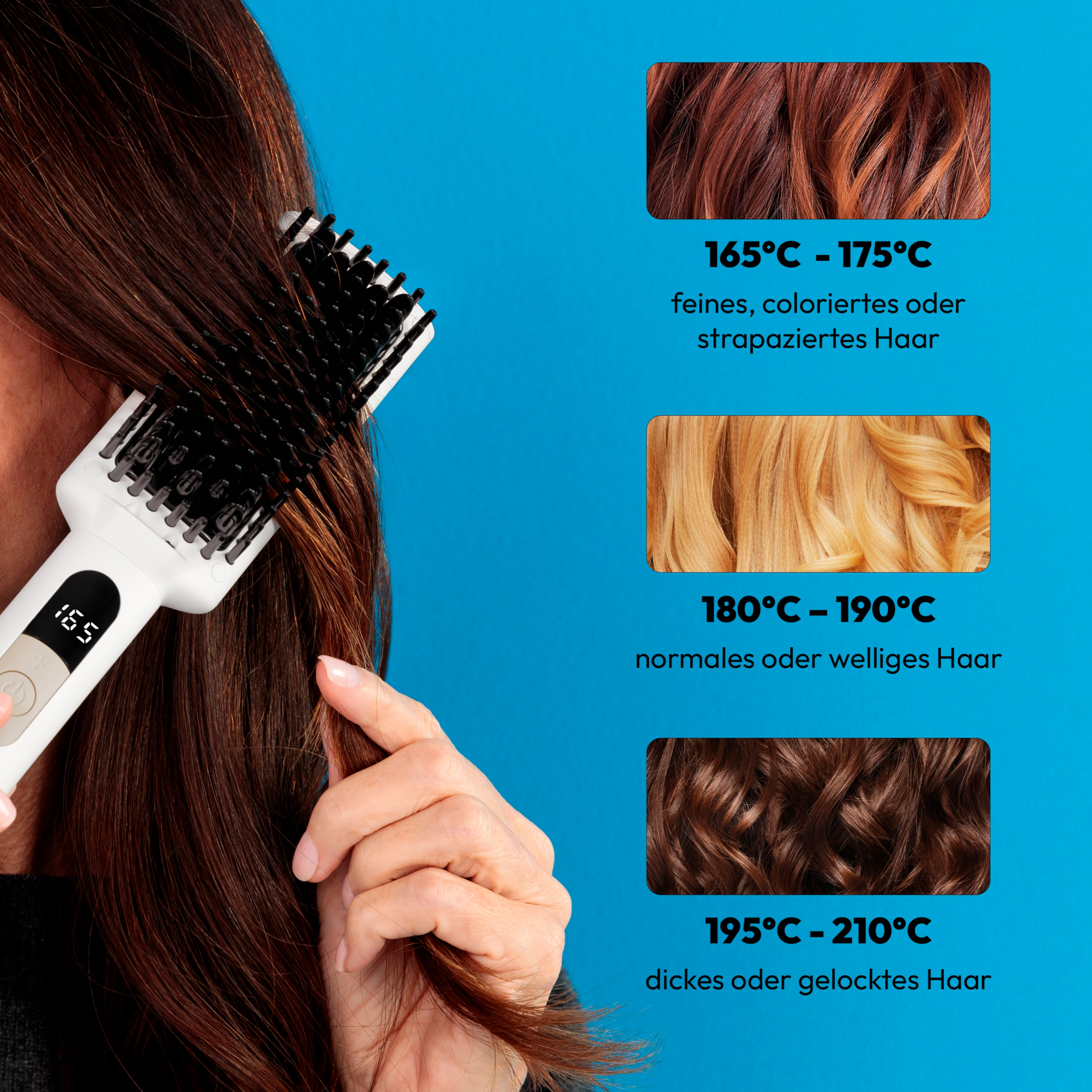 Persona che si acconcia i capelli con una spazzola. Info sui tipi di capelli e temperature: 165-210°C.