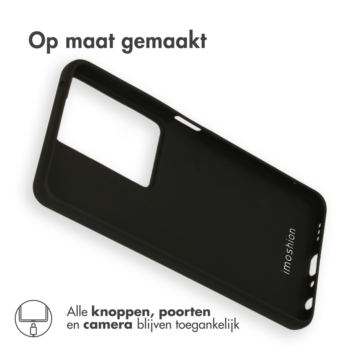 Coque de téléphone noire avec découpes et le nom de marque 'imoshion'.