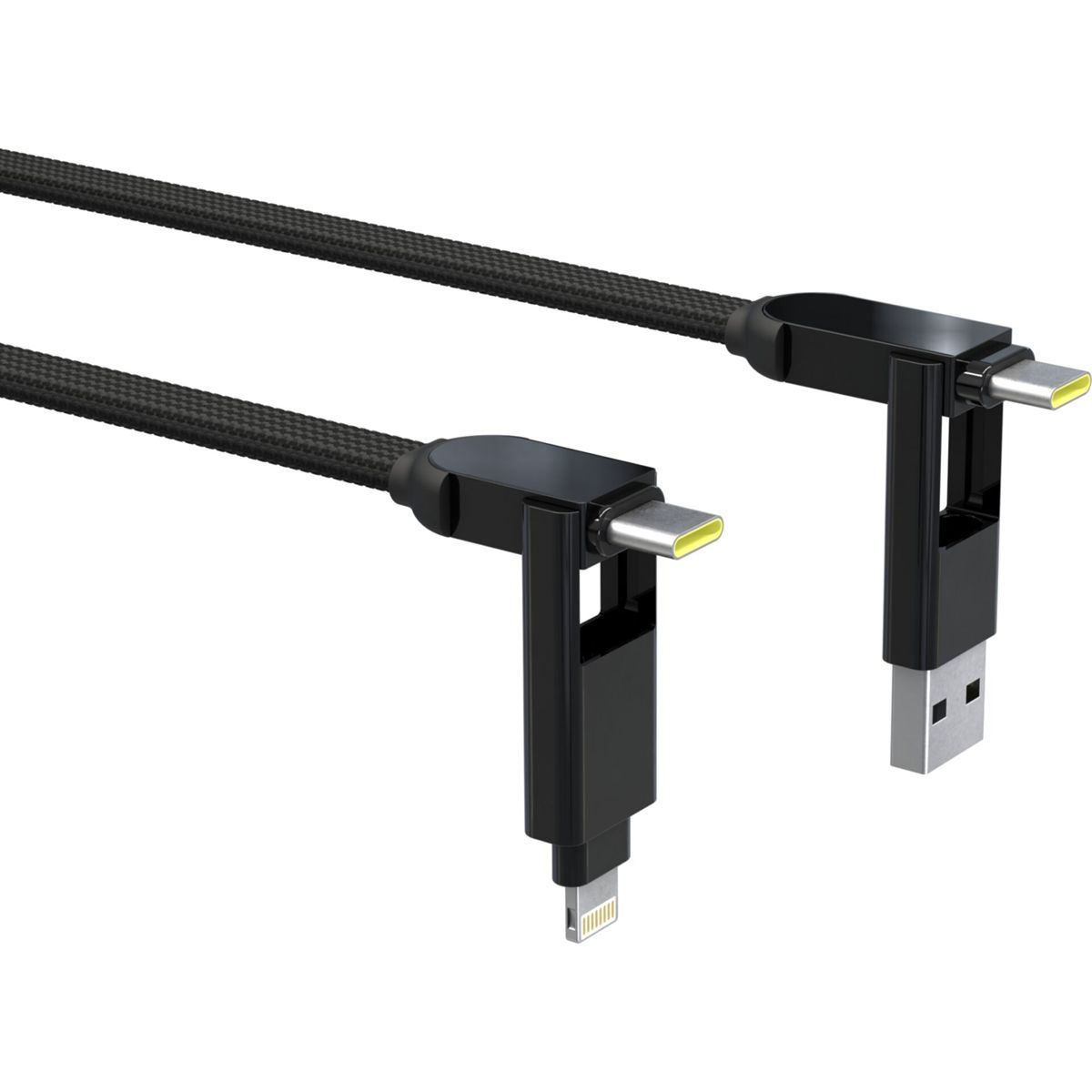 Câbles de charge noirs avec connecteurs USB, Lightning et USB-C, sur fond blanc.