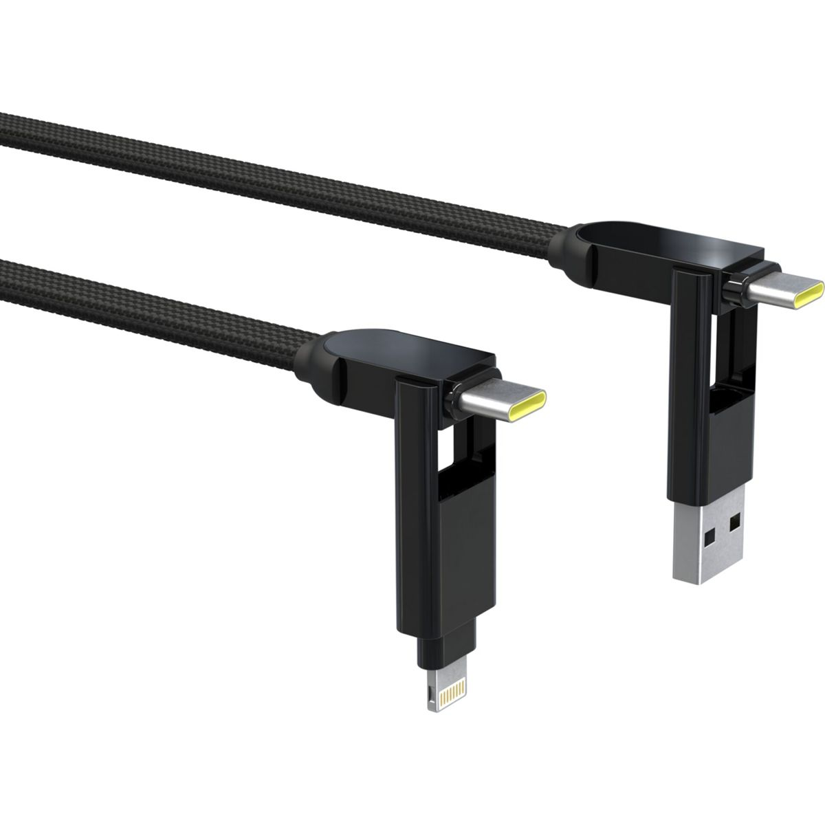 Deux câbles USB noirs coudés, l'un avec un connecteur USB-C et Lightning, l'autre avec USB et USB-C.