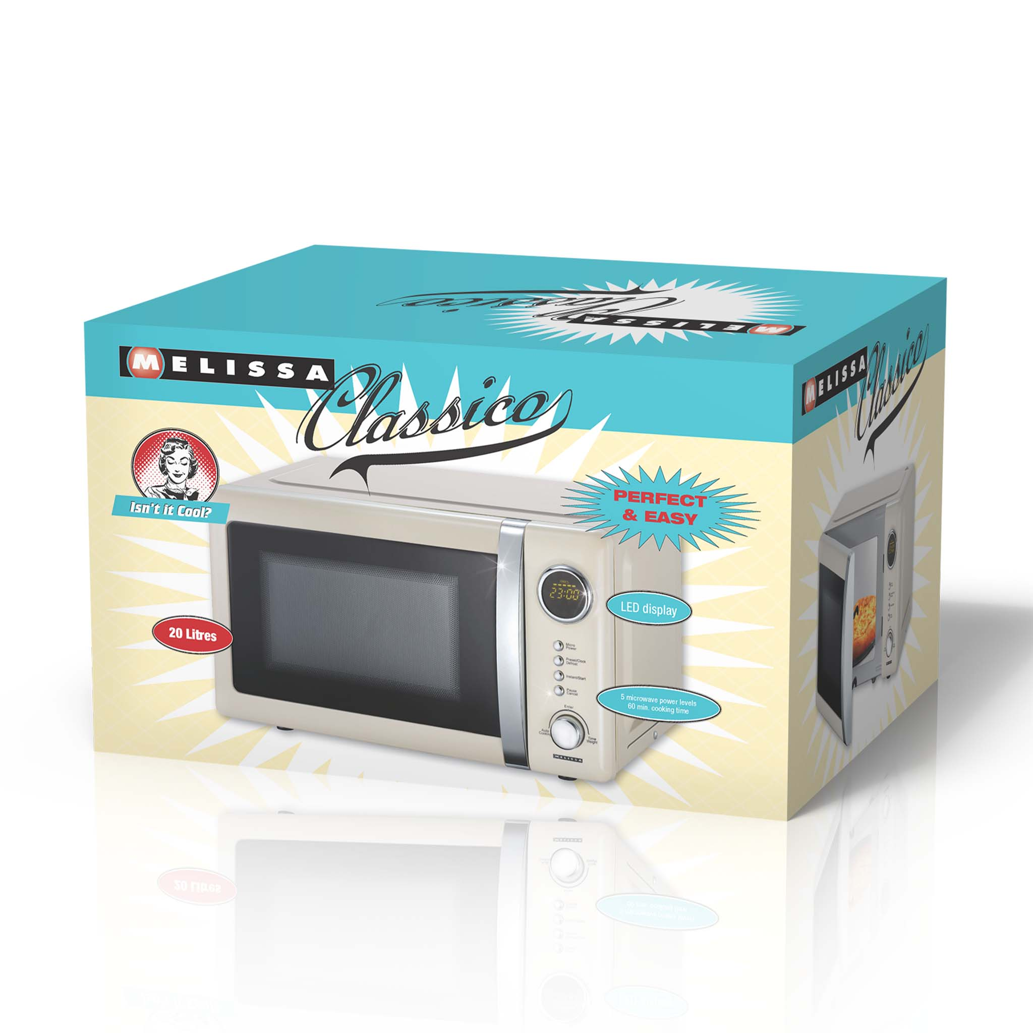 Un forno a microonde in scatola con un design retrò. La scatola è su sfondo bianco.