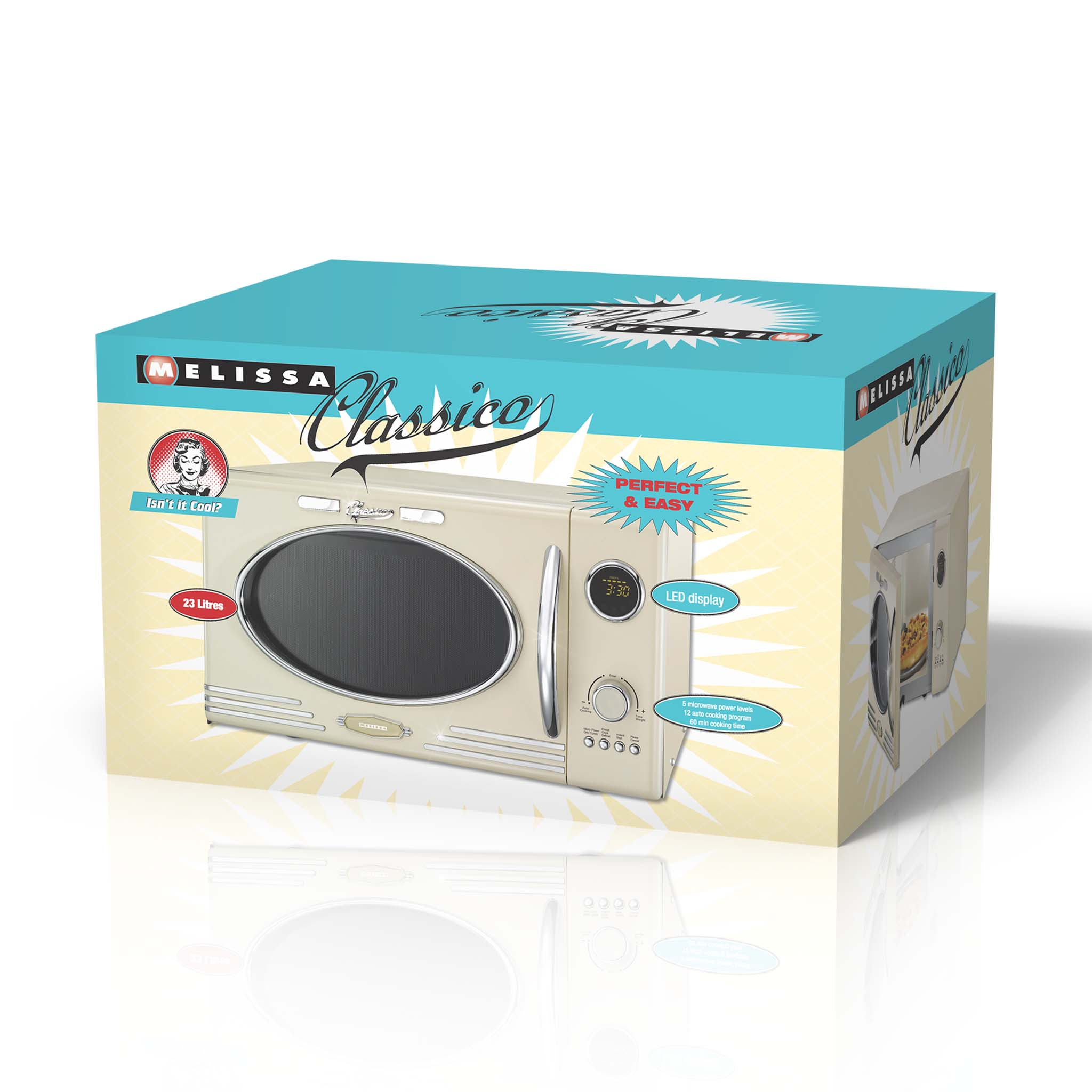 Mikrowellenbox. Beige Mikrowelle, blaue Box und Text. Die Box hat ein Bild der Mikrowelle.