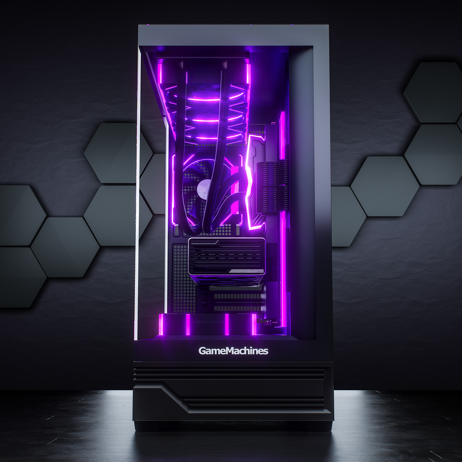 Gaming-PC mit lila Beleuchtung. Schwarzes Gehäuse mit sichtbaren Komponenten. Dunkler Hintergrund mit sechseckigem Muster.