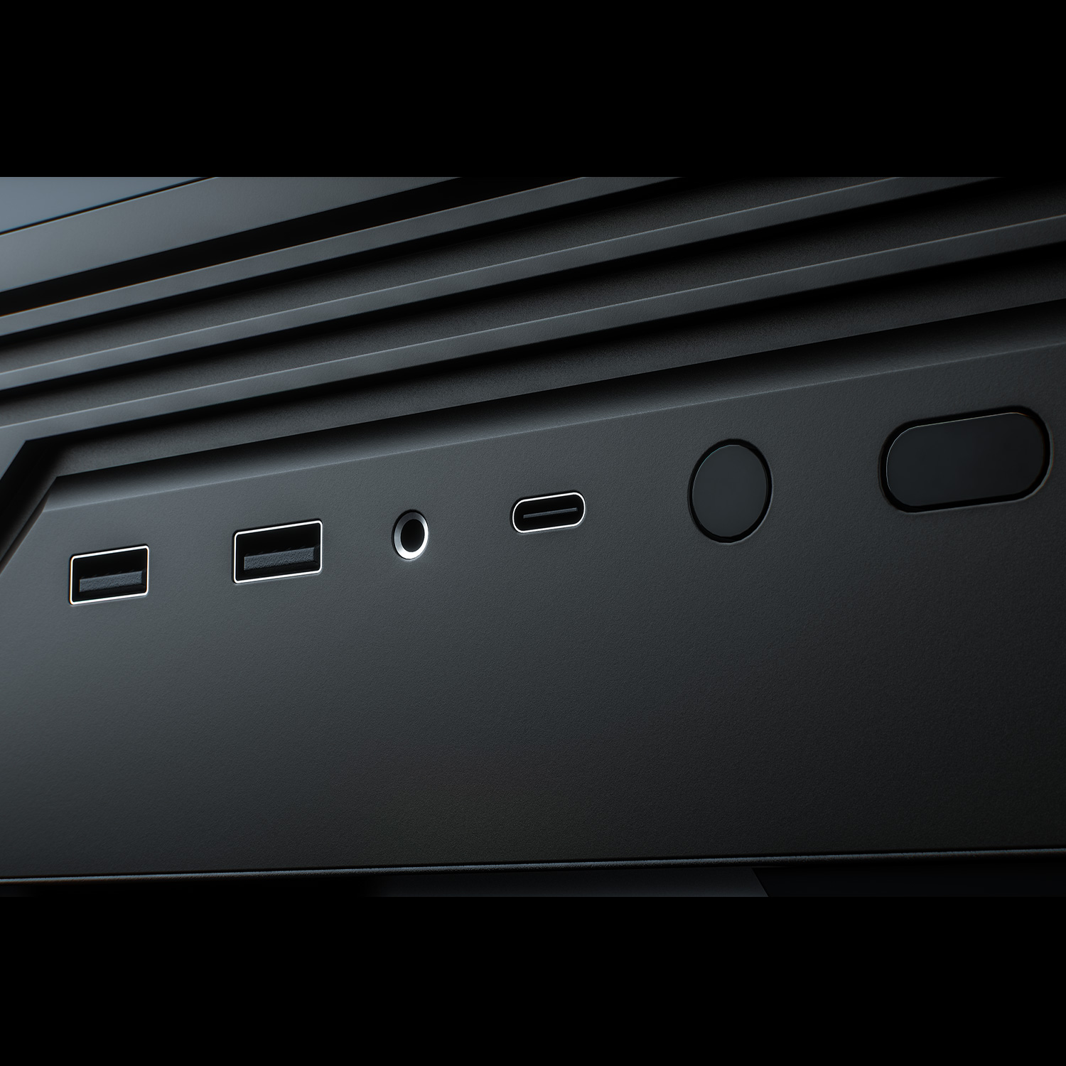 Nahaufnahme der Seitenwand eines schwarzen Geräts mit USB-, Audio- und Stromanschlüssen. Schlankes Design.