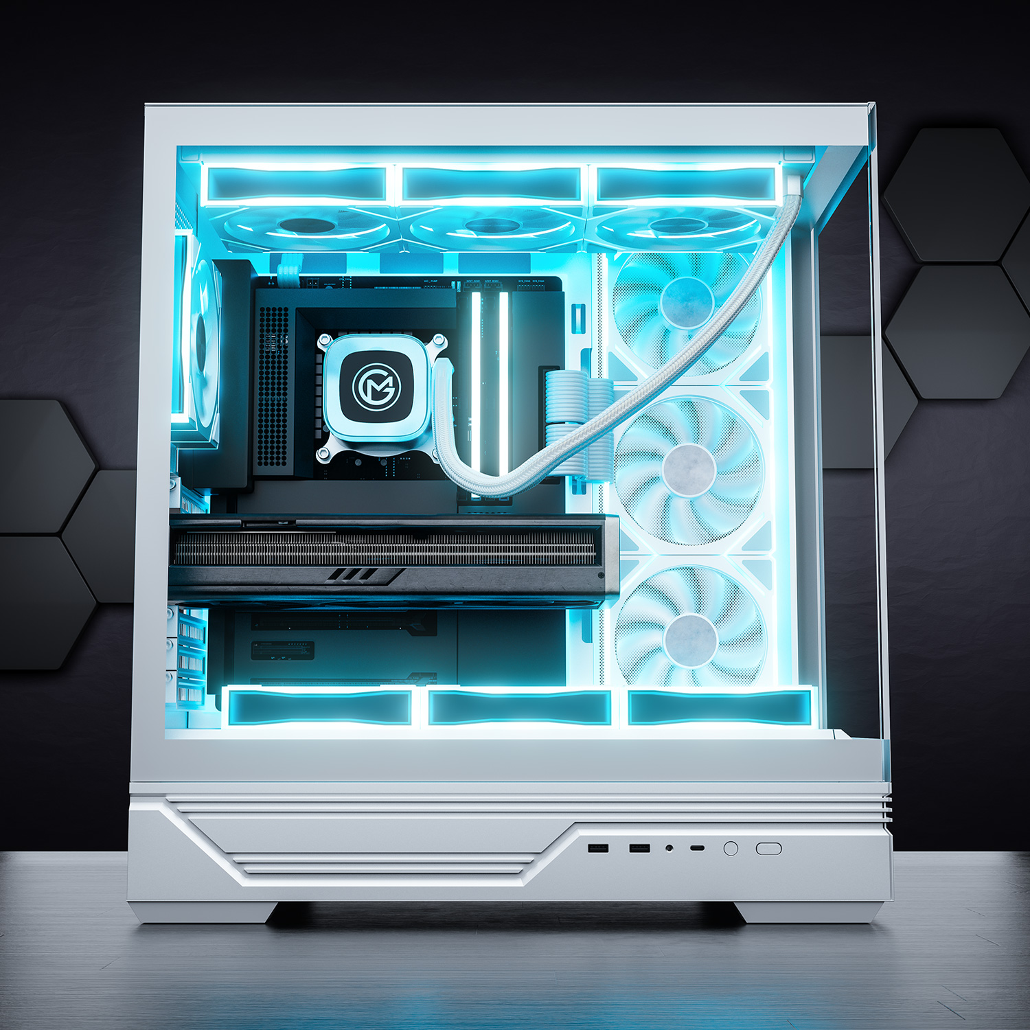 Weißes Computergehäuse mit blauen Lichtern und Komponenten. Das Gehäuse ist offen.