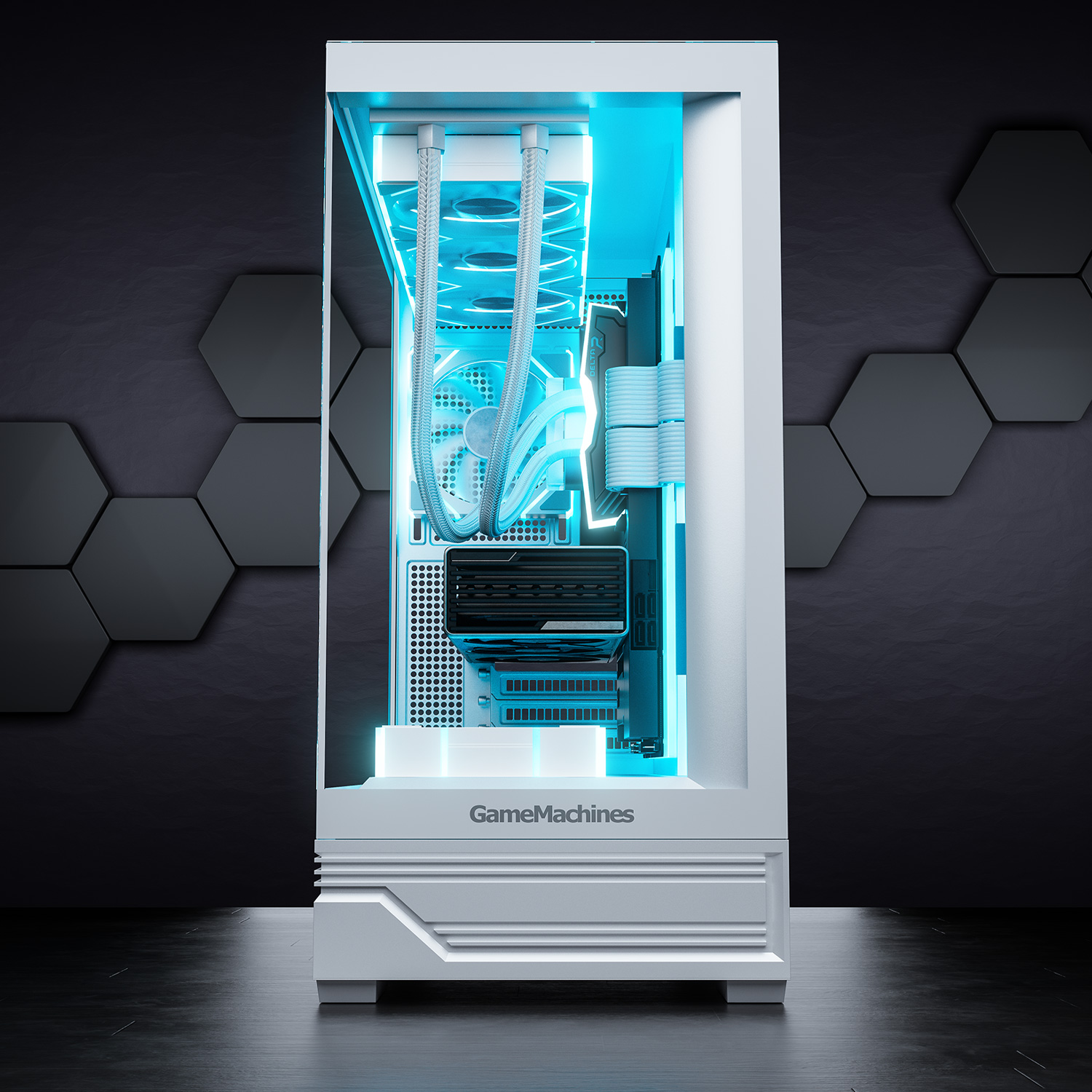 Weißes Computergehäuse mit bläulich beleuchteten Komponenten. Sechseckige Wand.