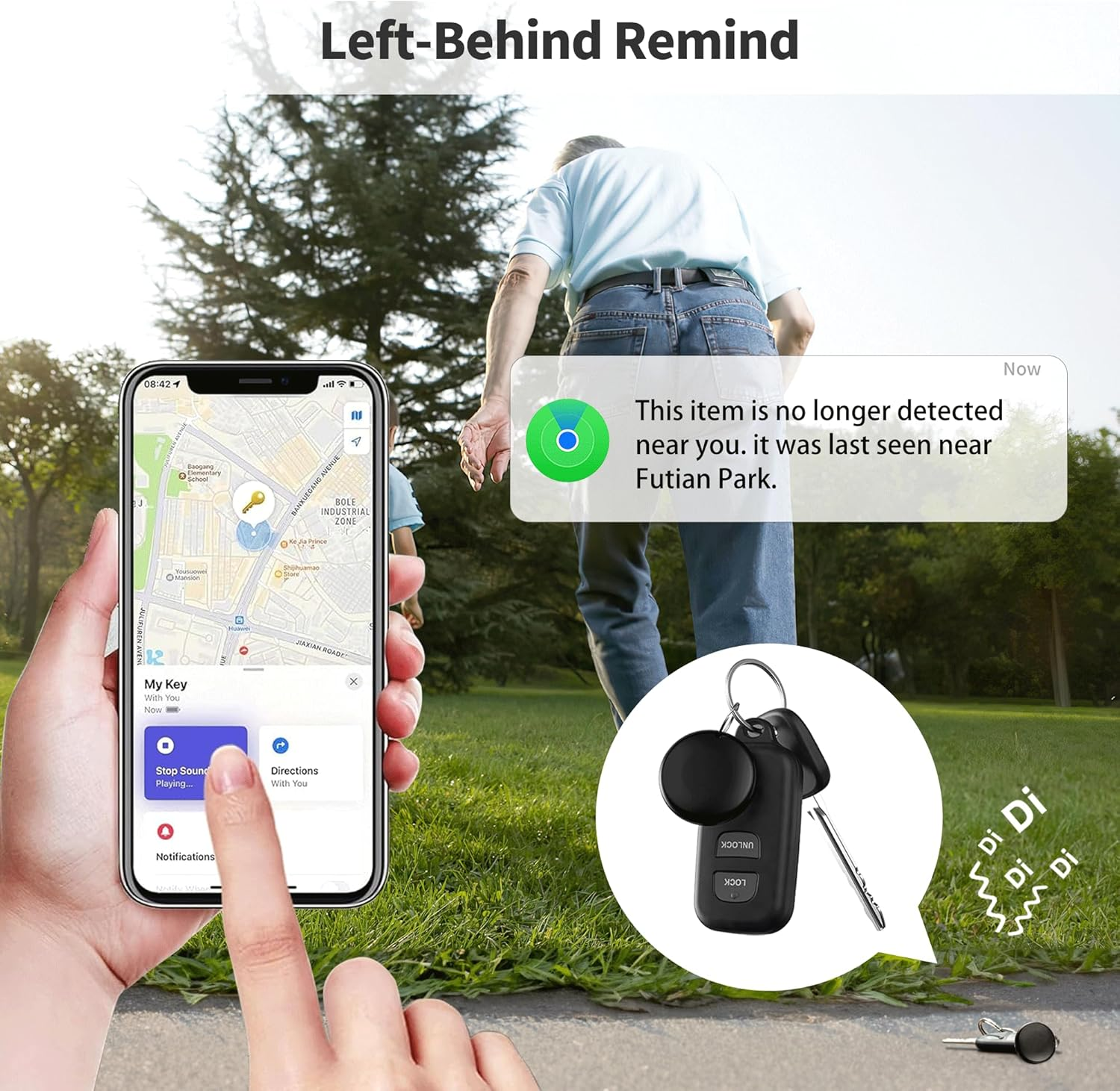 Eine Person geht weg, ein Telefon zeigt eine Karte und einen Schlüssel. Text: 'Left-Behind Remind', 'Di Di Di'.