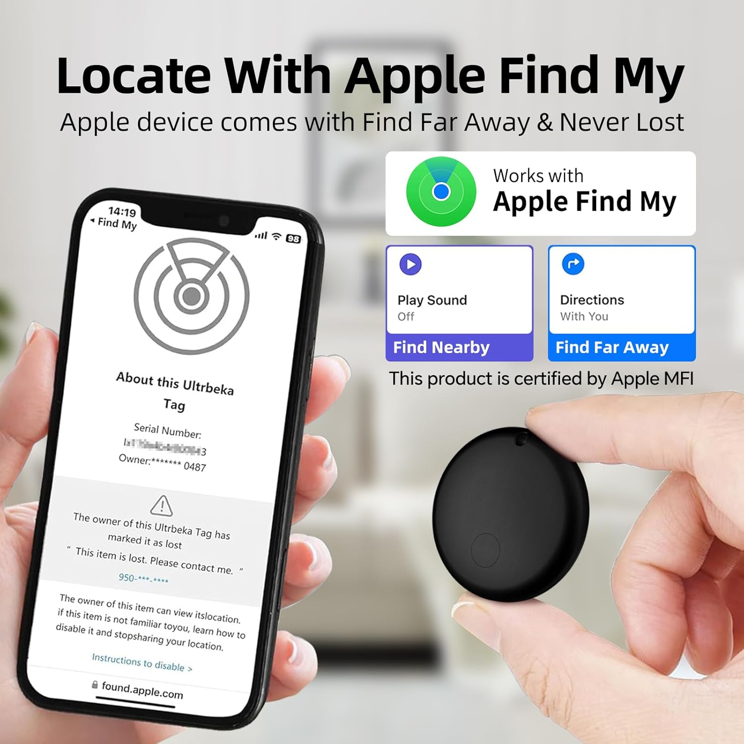 Ein Telefon, das eine App mit Ortungsdiensten anzeigt, neben einem schwarzen Ortungsgerät.