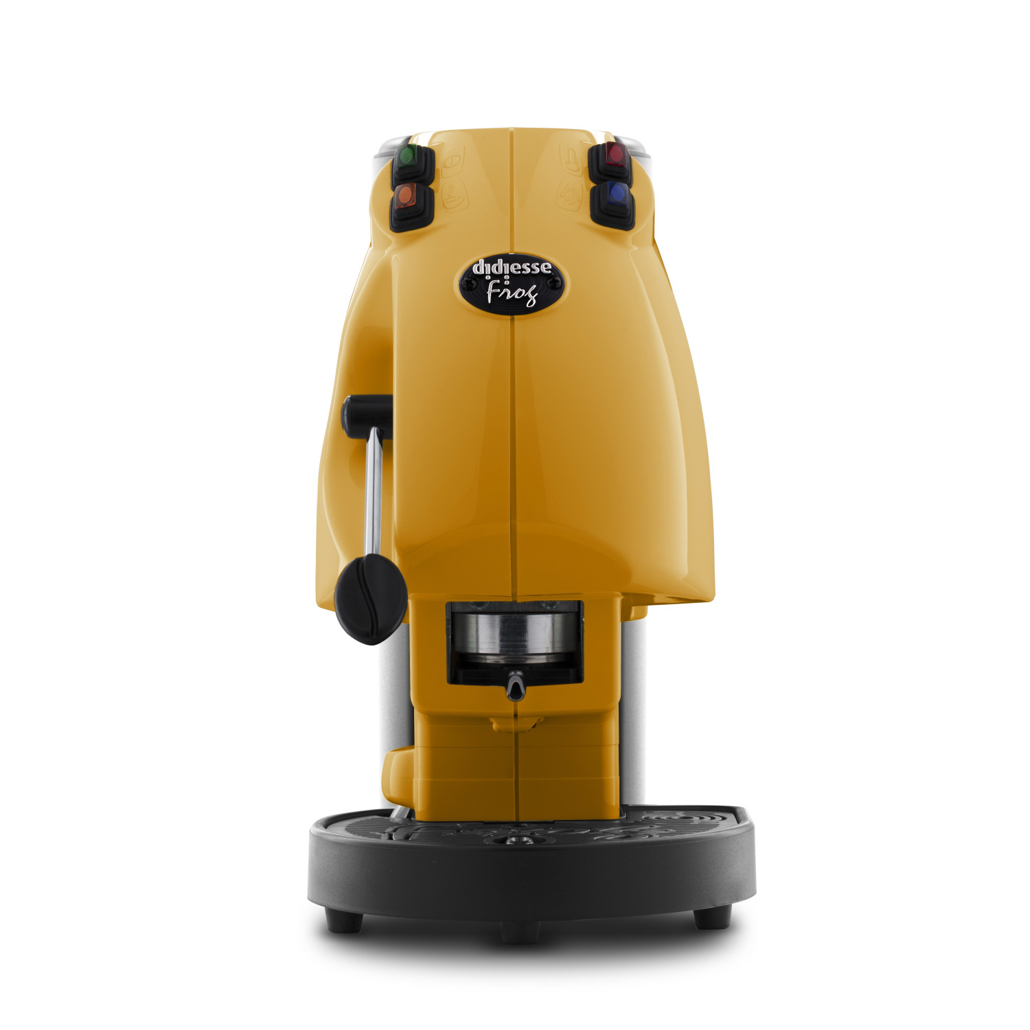 Żółty ekspres do kawy, widok z przodu. Przyciski na górze, wylot kawy i tacka ociekowa.