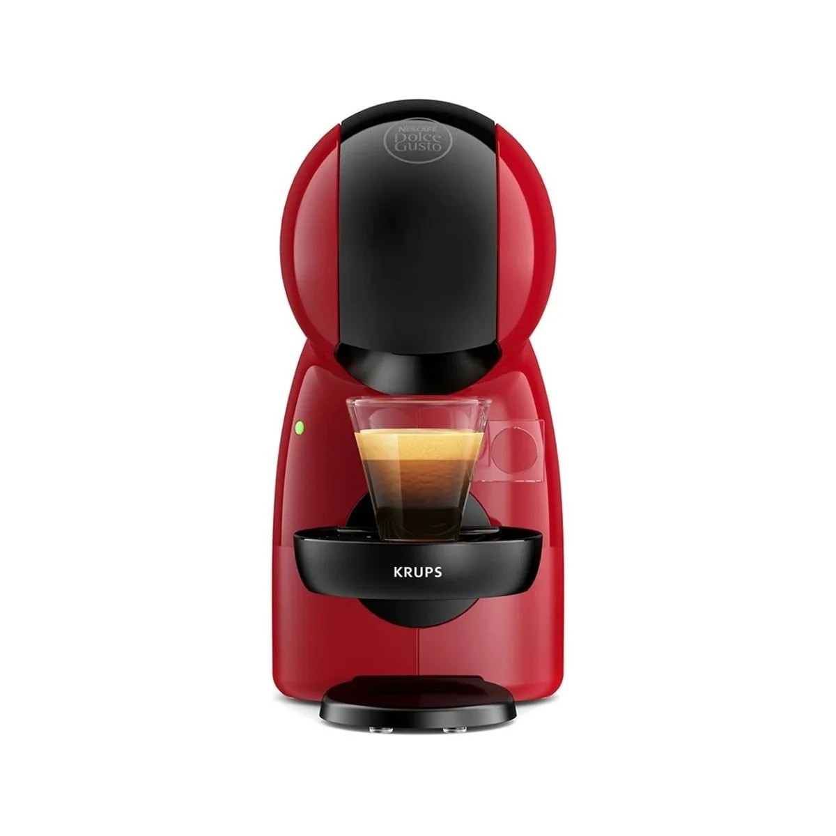 Macchina da caffè rossa e nera con un bicchiere di caffè. Si trova su una superficie nera.