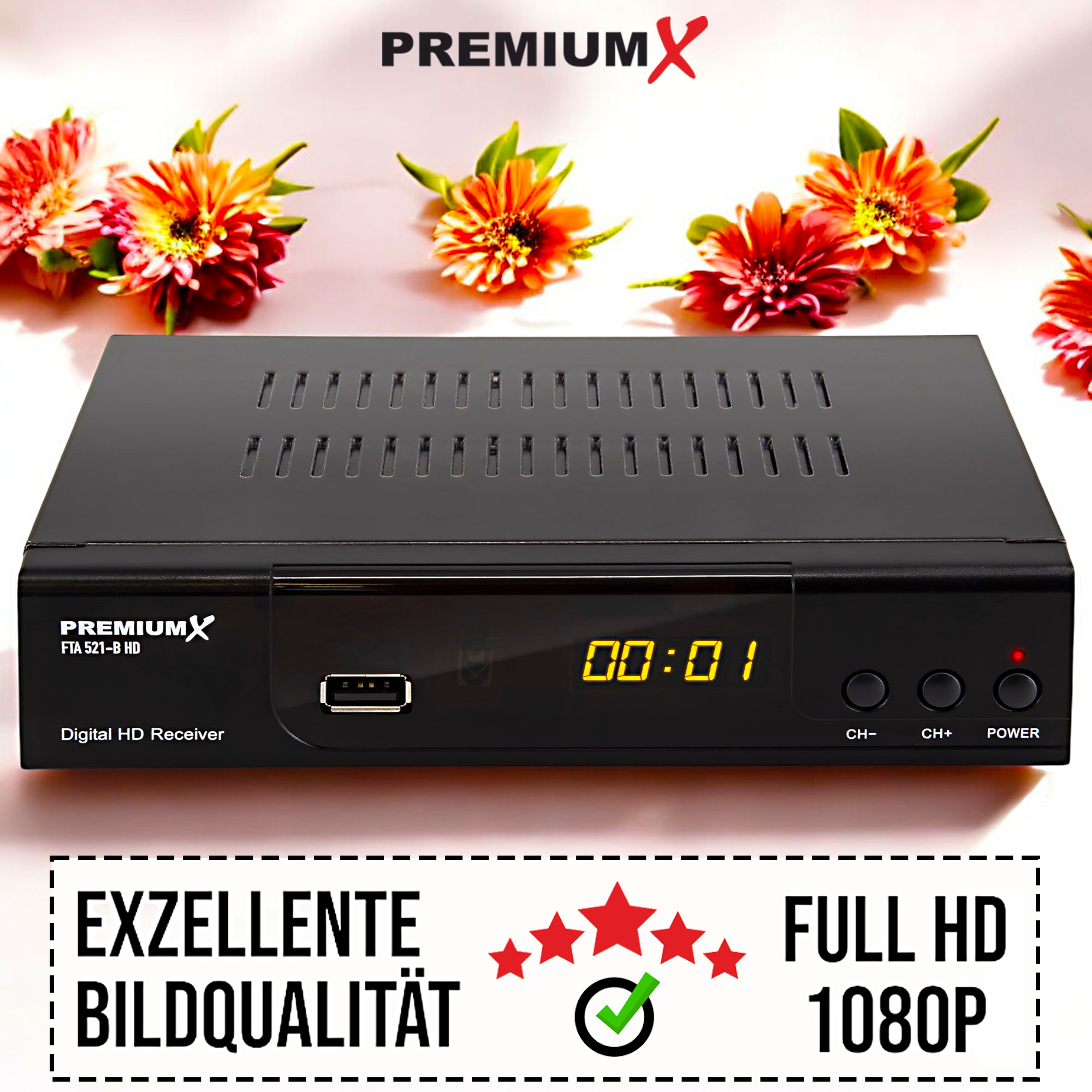 Schwarzer digitaler HD-Receiver mit 'PREMIUMX'-Logo, Display mit '00:01' und roter Betriebsanzeige. Blumen darüber.