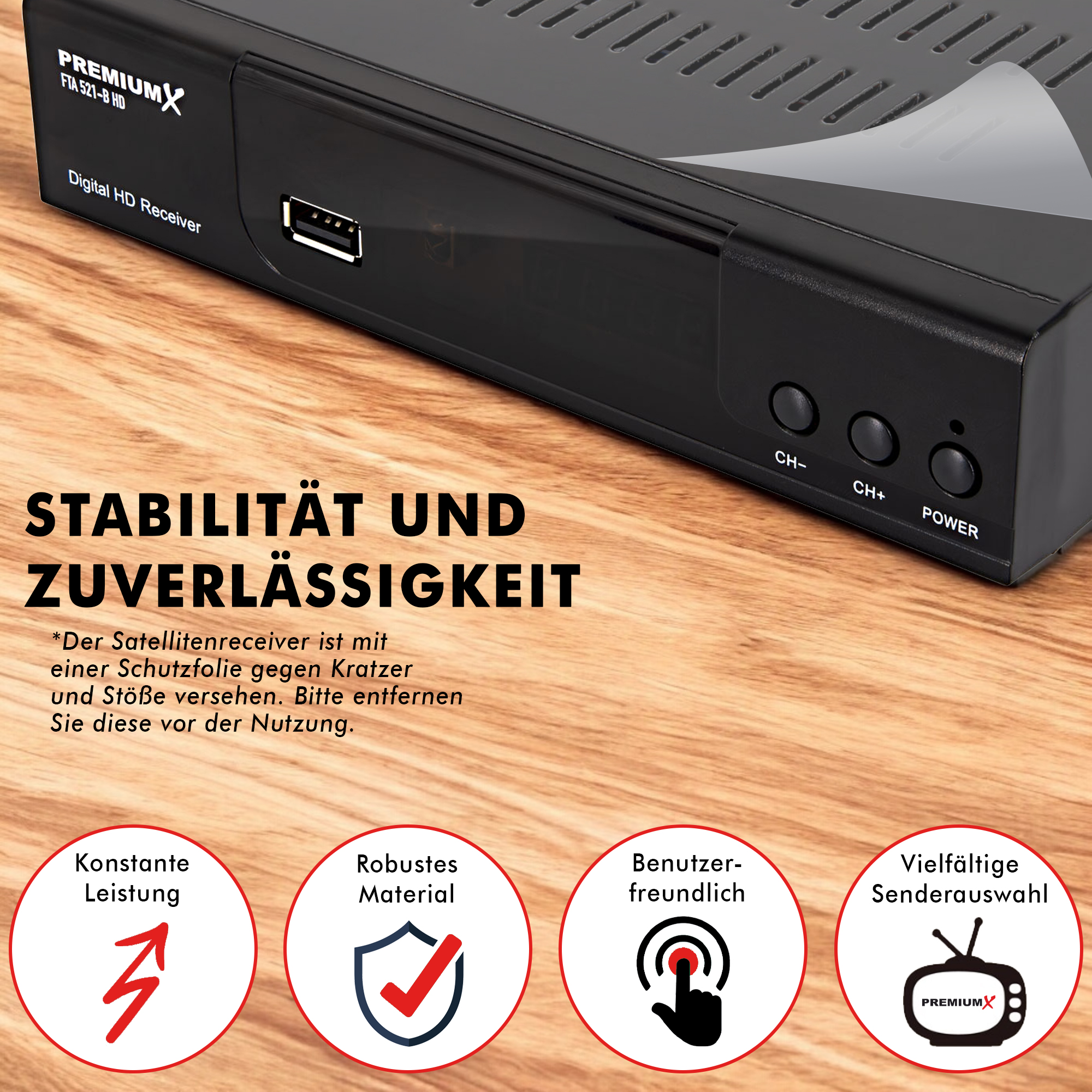 Schwarzer digitaler HD-Receiver mit Text, Knöpfen und Logos auf schwarzem Untergrund.