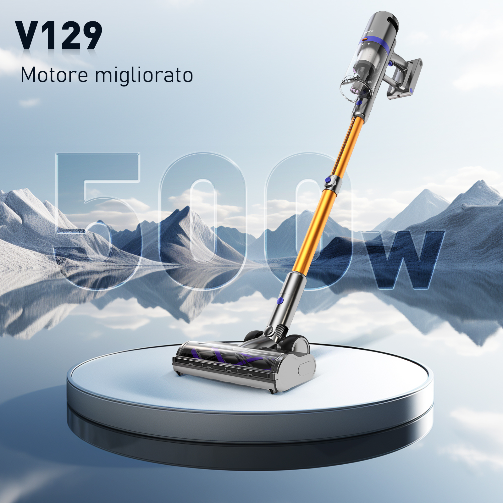 Aspirapolvere senza fili su supporto. Design arancione e argento. Grande scritta '500W'.