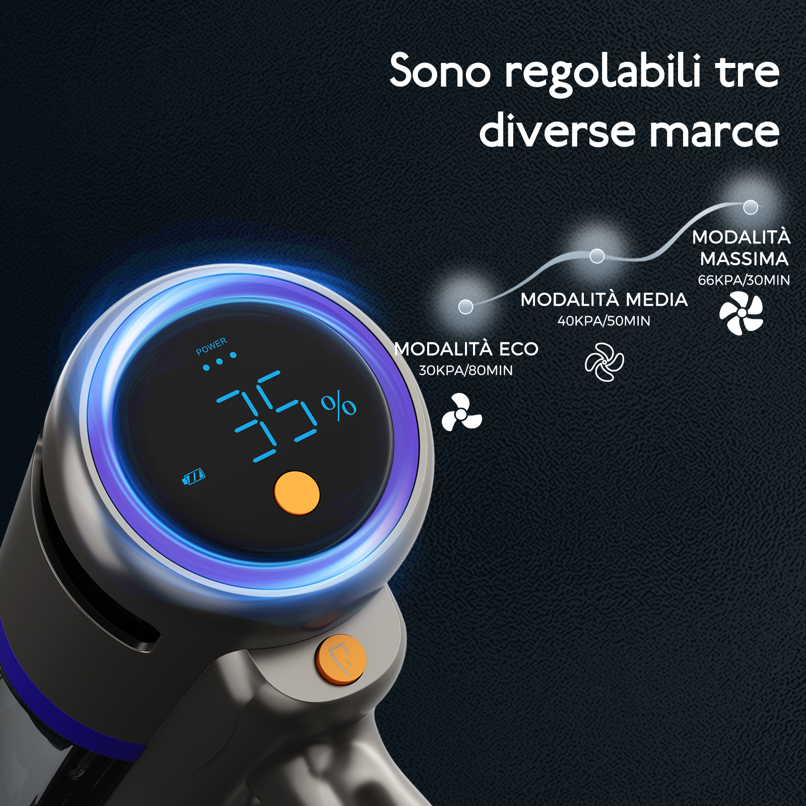 Primo piano di un aspirapolvere portatile con display digitale che mostra impostazioni e livello di potenza.