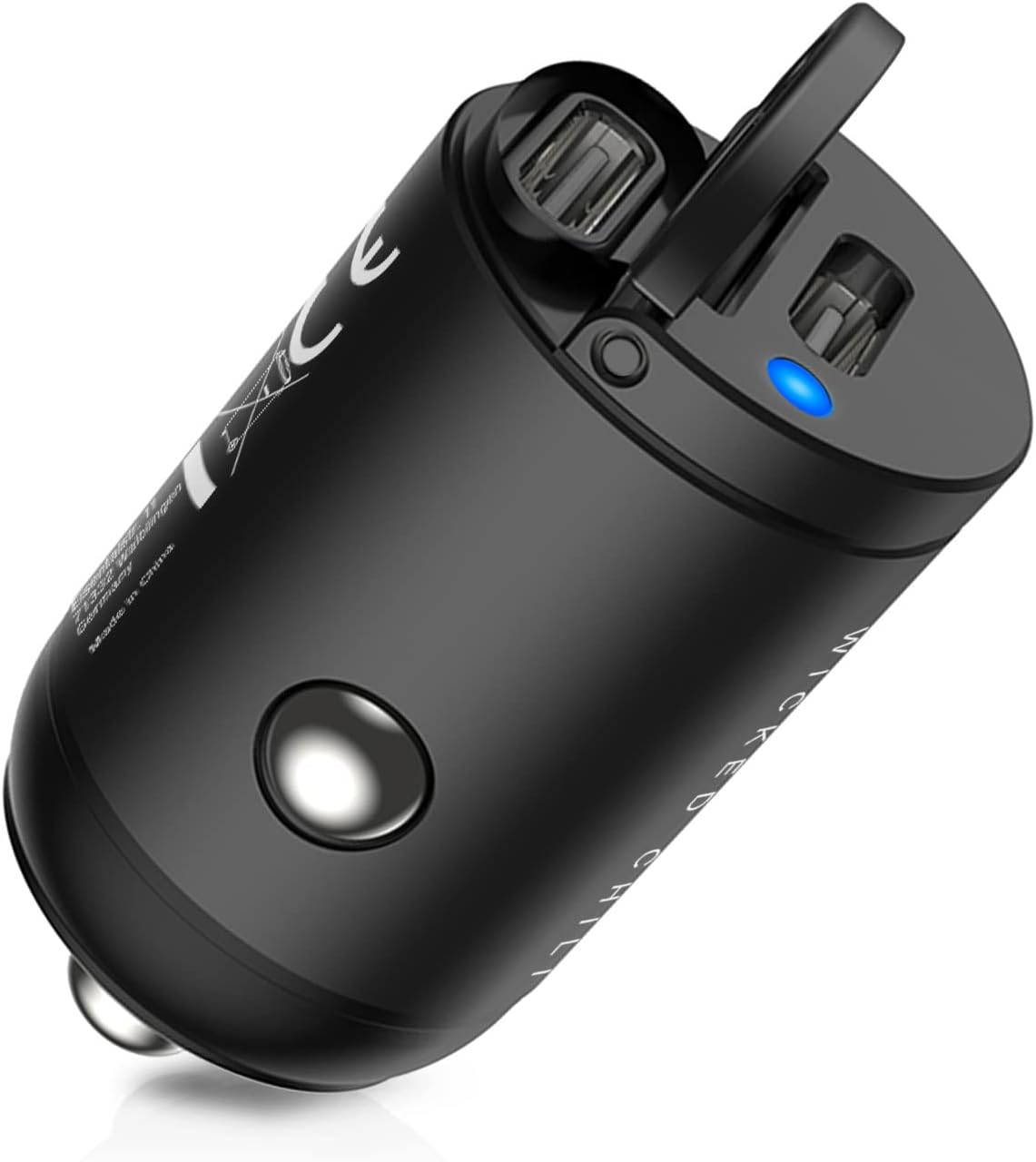Schwarzes Autoladegerät mit zwei USB-Anschlüssen und einer blauen Betriebsanzeige.