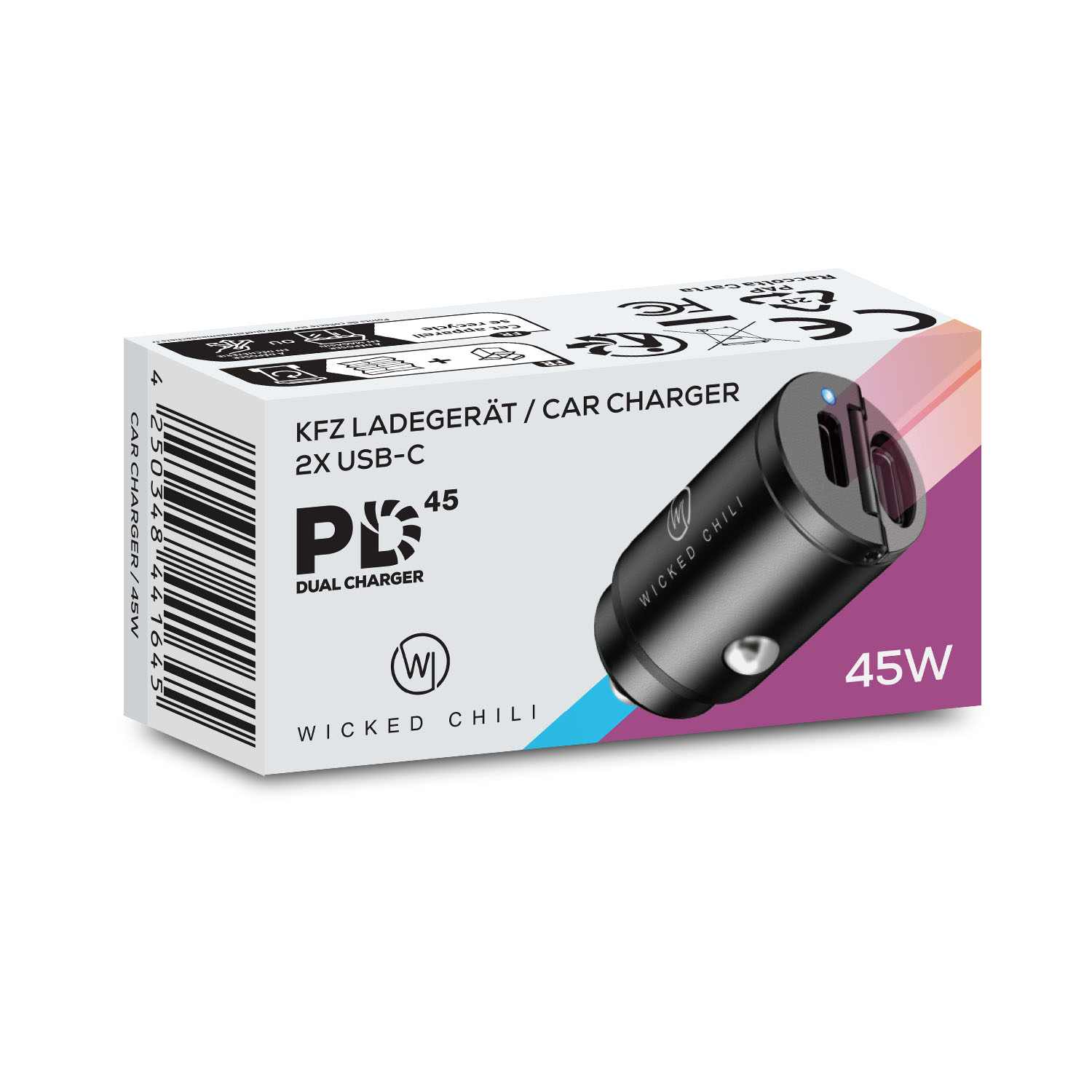 Autoladegerät-Box, schwarzes Ladegerät mit 2 USB-C-Anschlüssen, Abmessungen und Text.