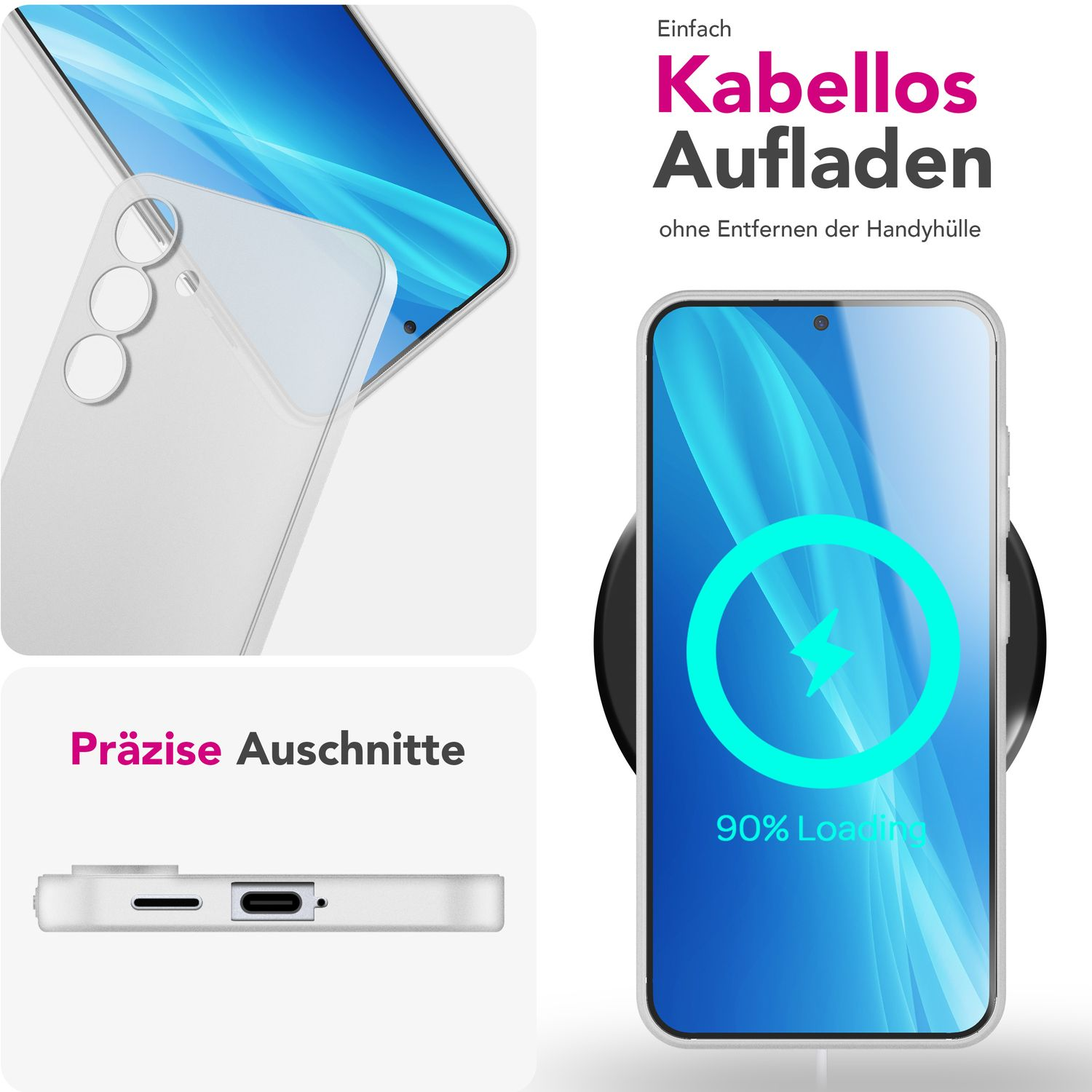 Weiße Handyhülle mit Telefon, kabelloses Laden.