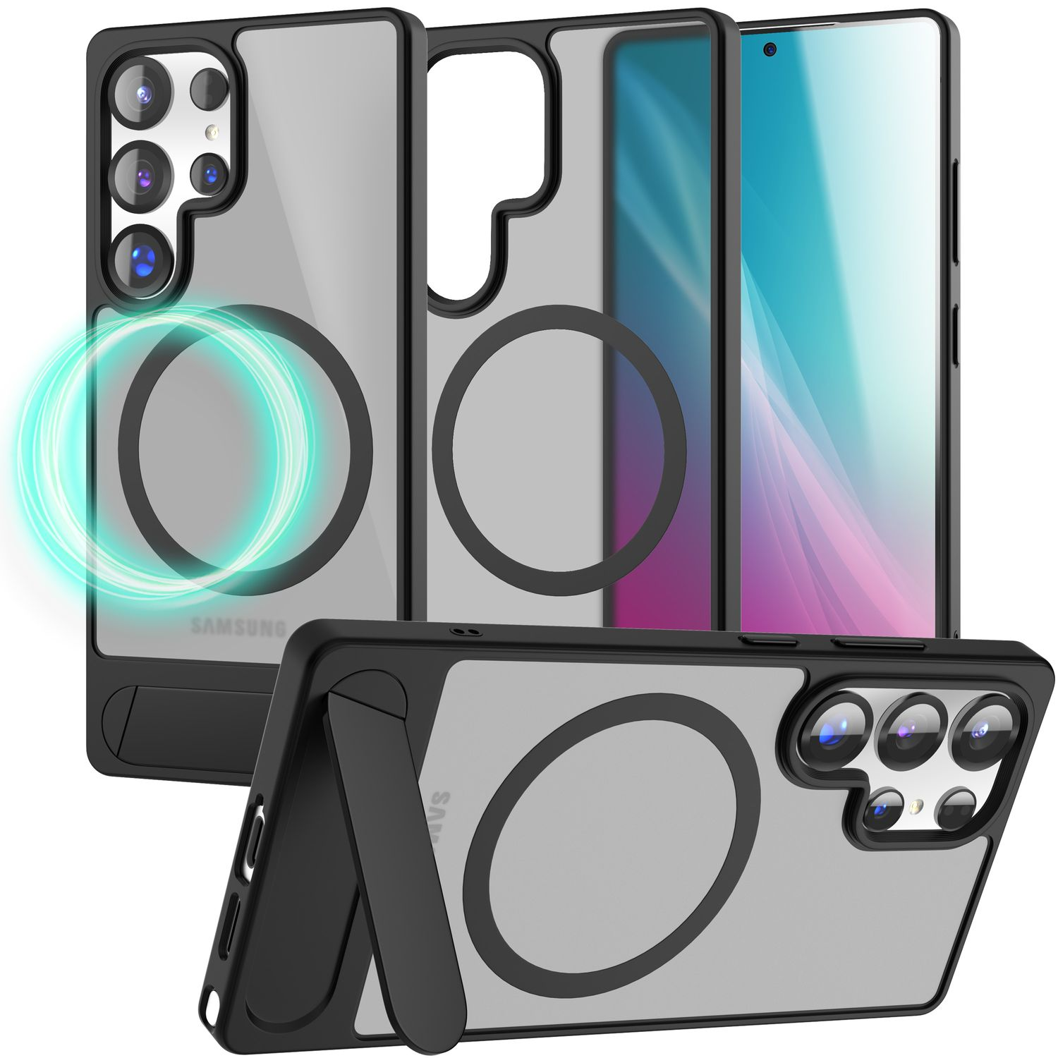 Mehrere transparente Handyhüllen und ein Telefon sind abgebildet. Eine Hülle hat einen Magnetring. Das Telefon ist sichtbar.