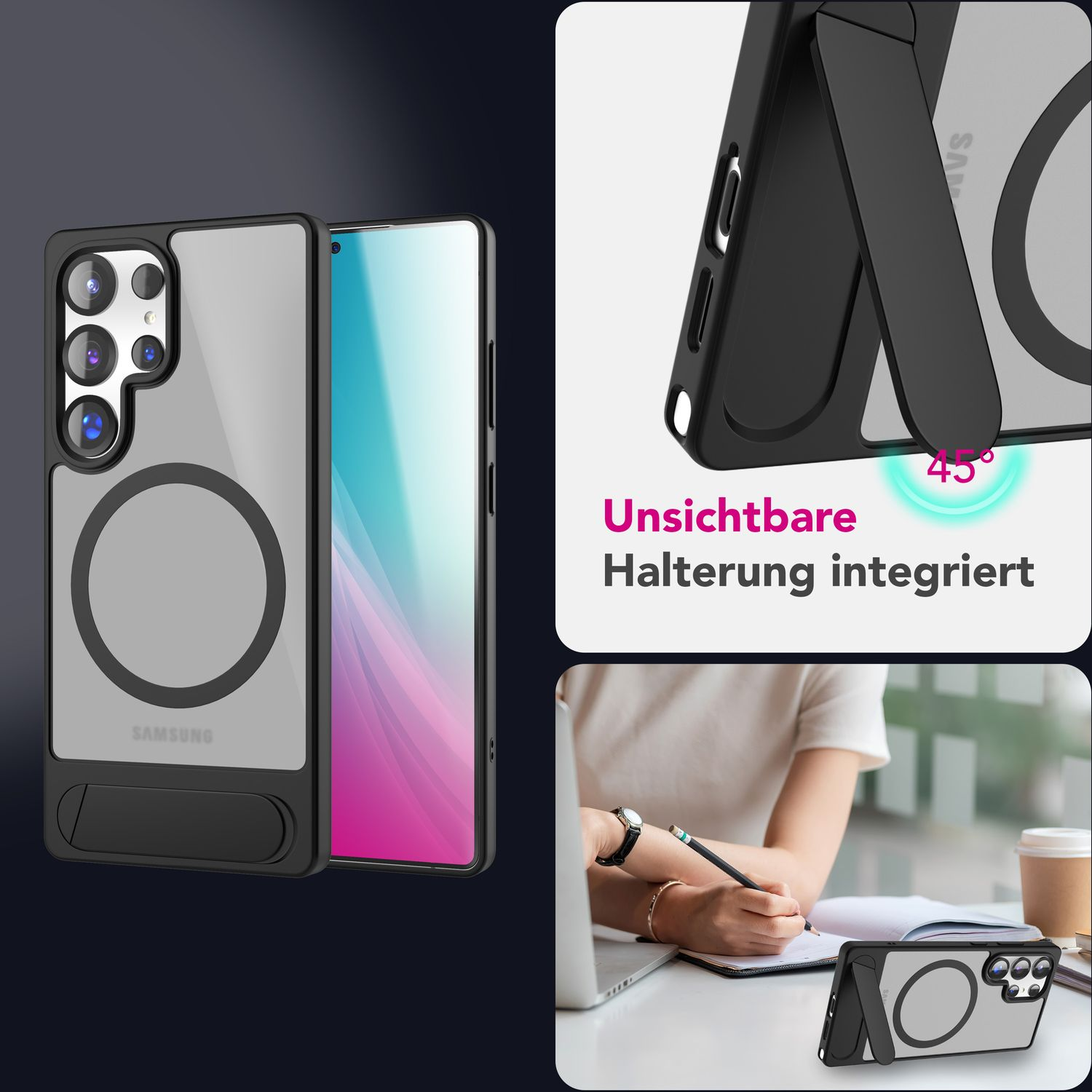 Handyhülle mit Magnetkreis, Telefon mit Ständer aufgestellt und ein Benutzer.