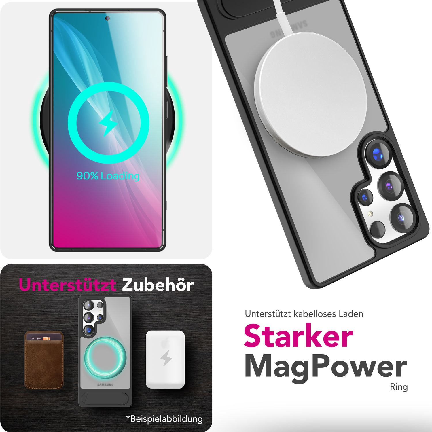 Telefon, das drahtlos geladen wird, mit Text über MagPower-Ring, Zubehör und kabelloses Laden.