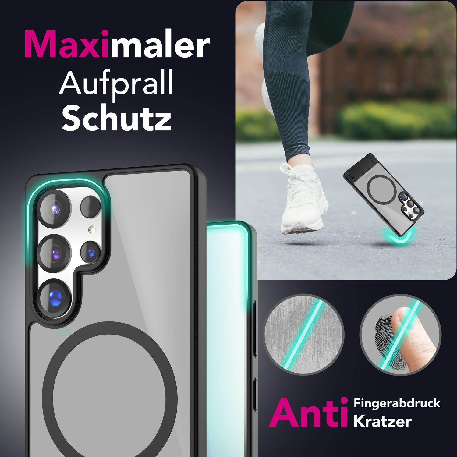 Eine Handyhülle mit einem Bild einer laufenden Person. Text sagt 'Maximaler Aufprall Schutz' und 'Anti Kratzer'.
