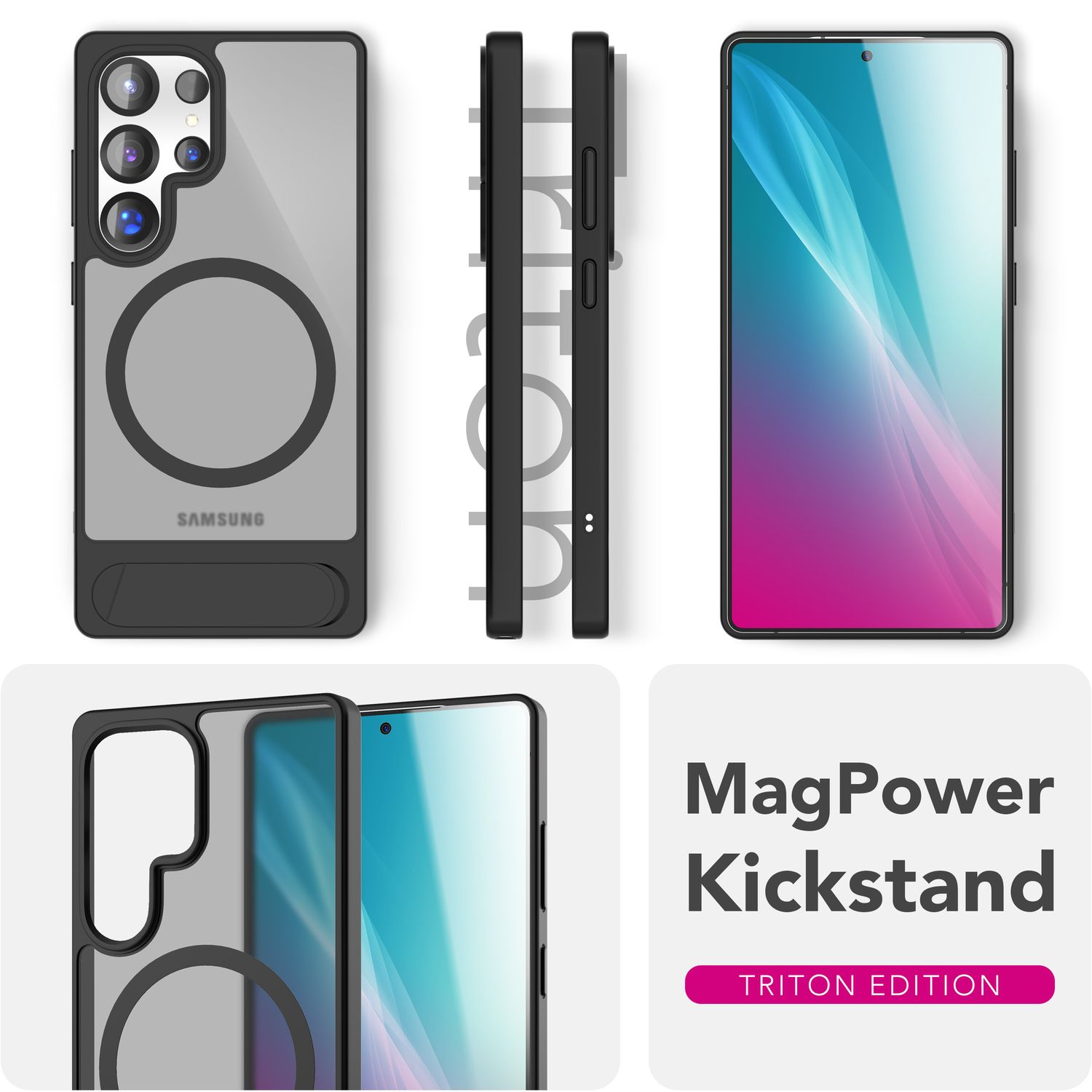 Schwarze Handyhülle mit MagPower-Ständer und Telefon. Es ist für Samsung.