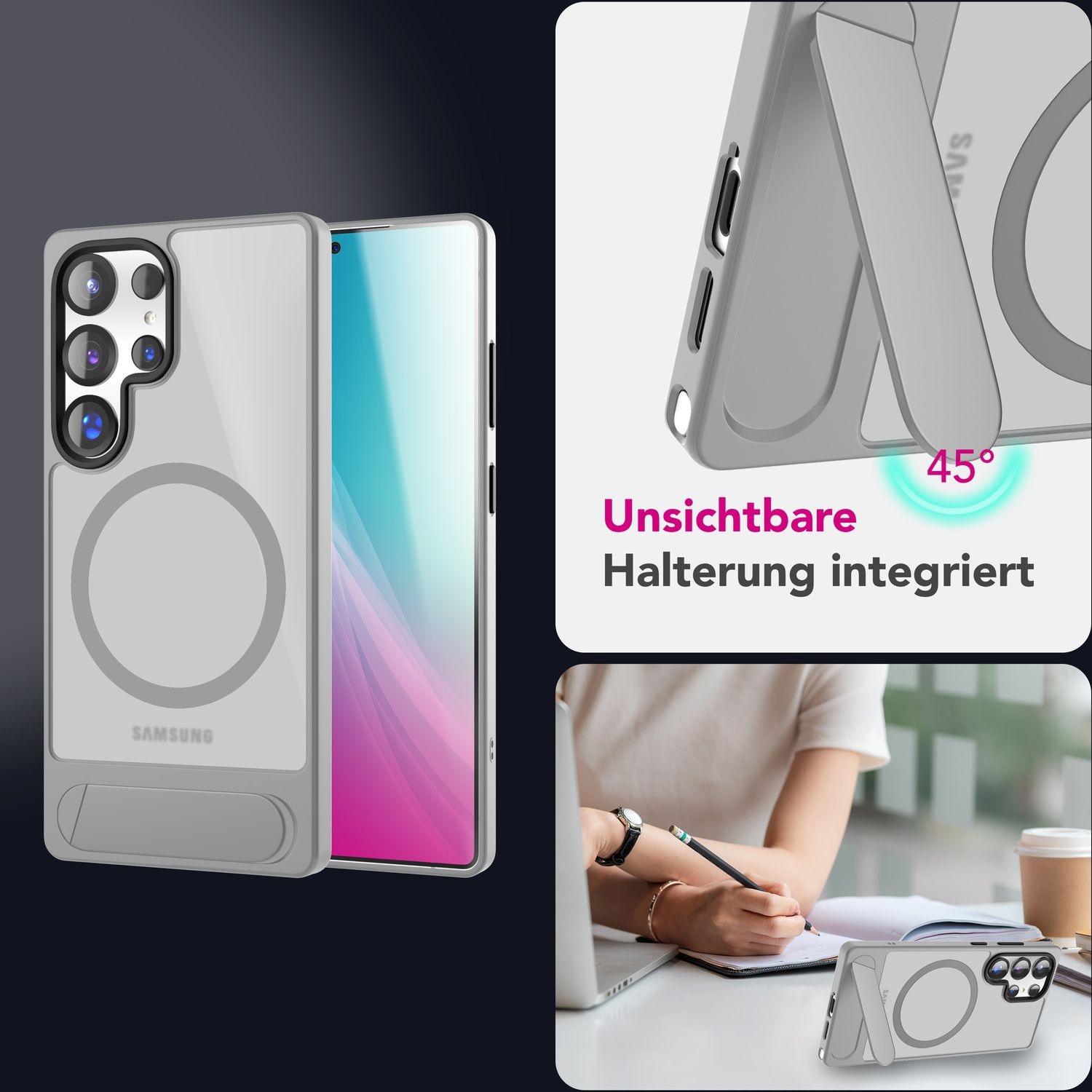 Ein Telefon mit grauer Hülle. Text: Unsichtbarer Halter integriert. Frau zeichnet auf einem Tablet.