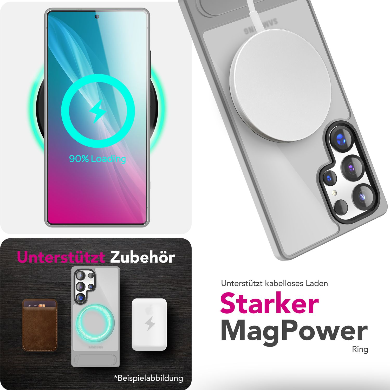 Telefon mit Animation zum kabellosen Laden. Zusätzliches Zubehör und MagPower Ring sind ebenfalls im Bild.
