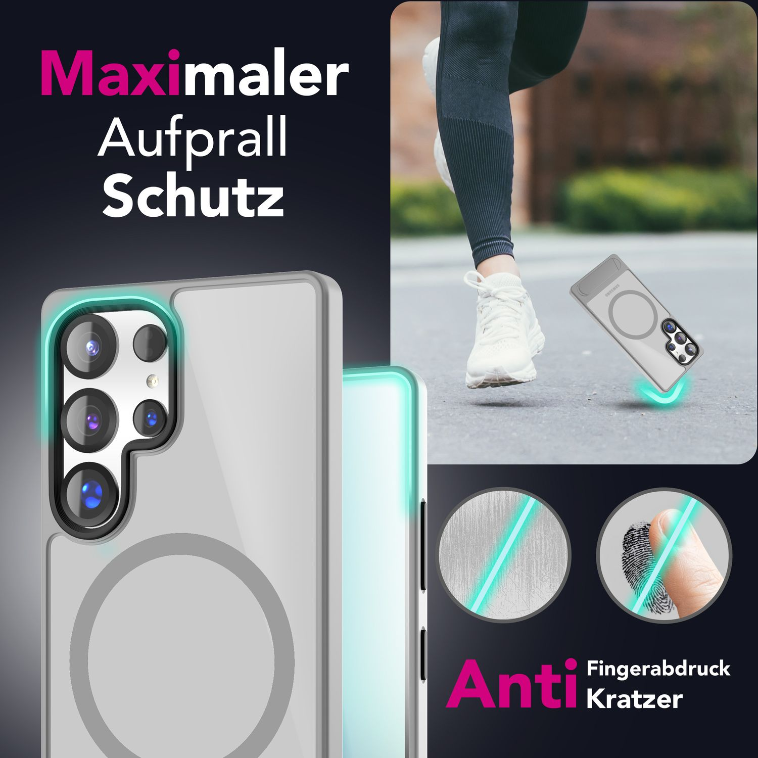 Eine Handyhülle mit Telefon, die Schutz- und Kratzschutzfunktionen zeigt.