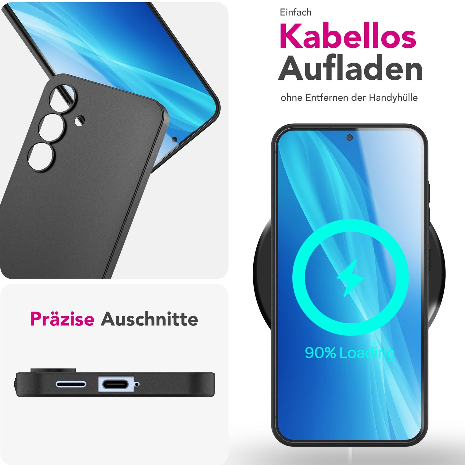 Schwarze Handyhülle, Telefon und kabelloses Ladegerät auf weißem Hintergrund, deutscher Text.