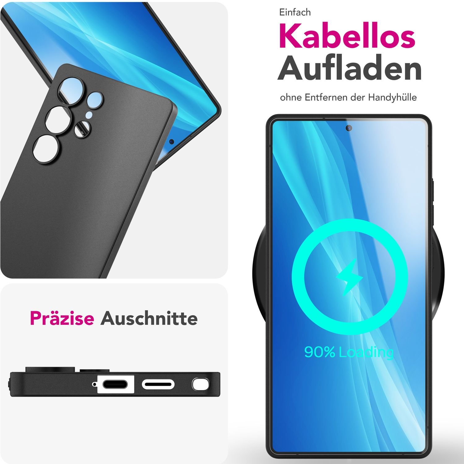 Schwarze Handyhülle mit präzisen Aussparungen. Ein Telefon ist auf der Hülle. Kabelloses Laden wird gezeigt.