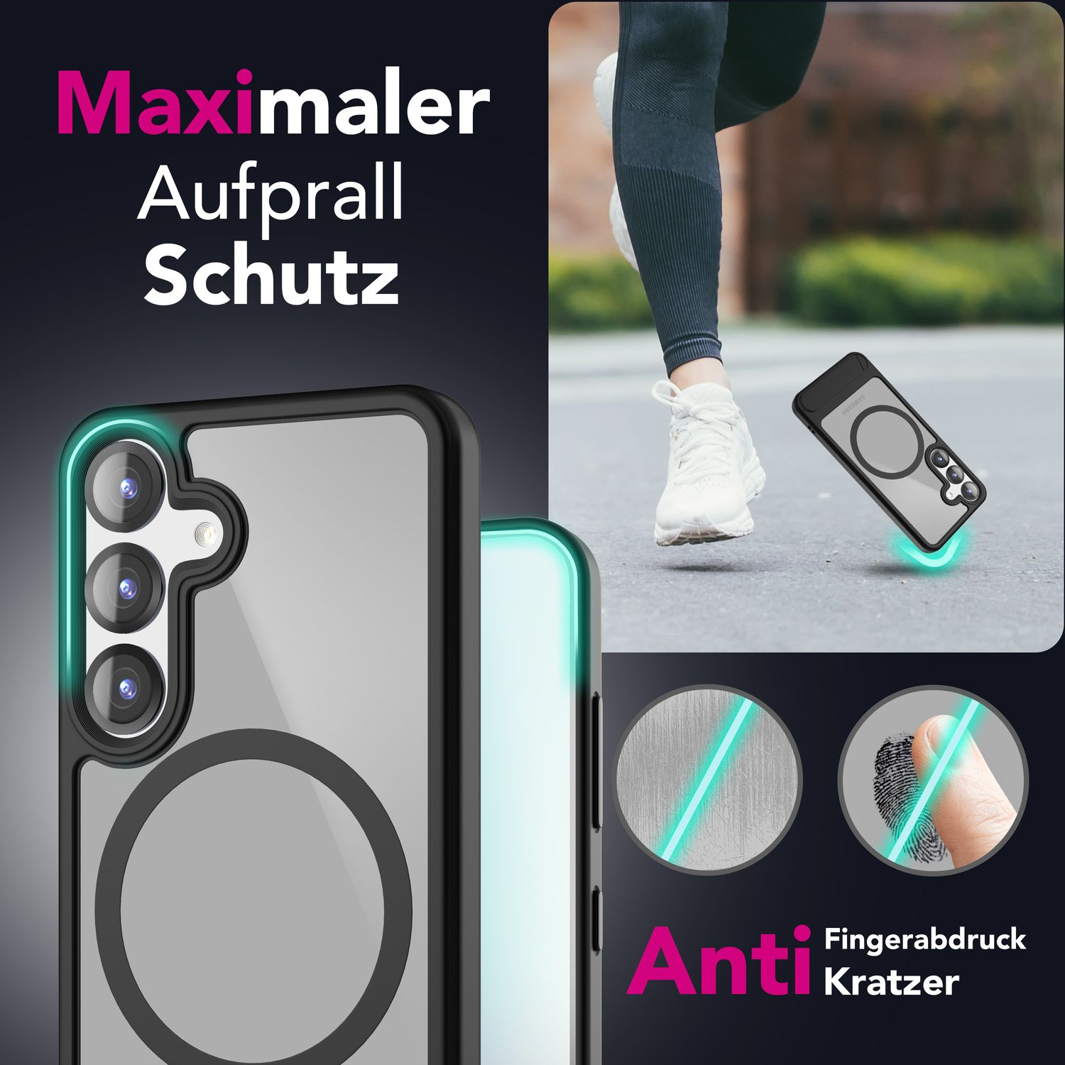 Ein Telefon in einer roten Hülle mit Magnetring, Text: Anti-Kratzer und Fingerabdruck.