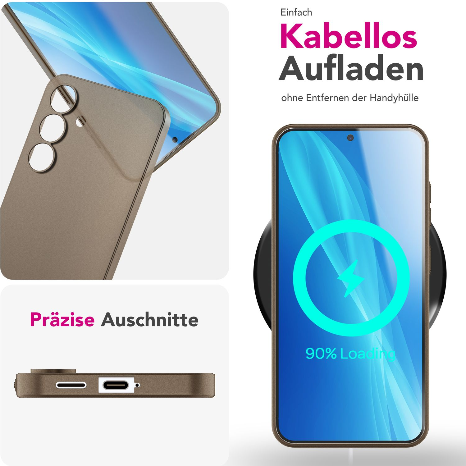 Ein Telefon in einer braunen Hülle liegt auf einem kabellosen Ladegerät. Der Bildschirm zeigt ein Ladesymbol.