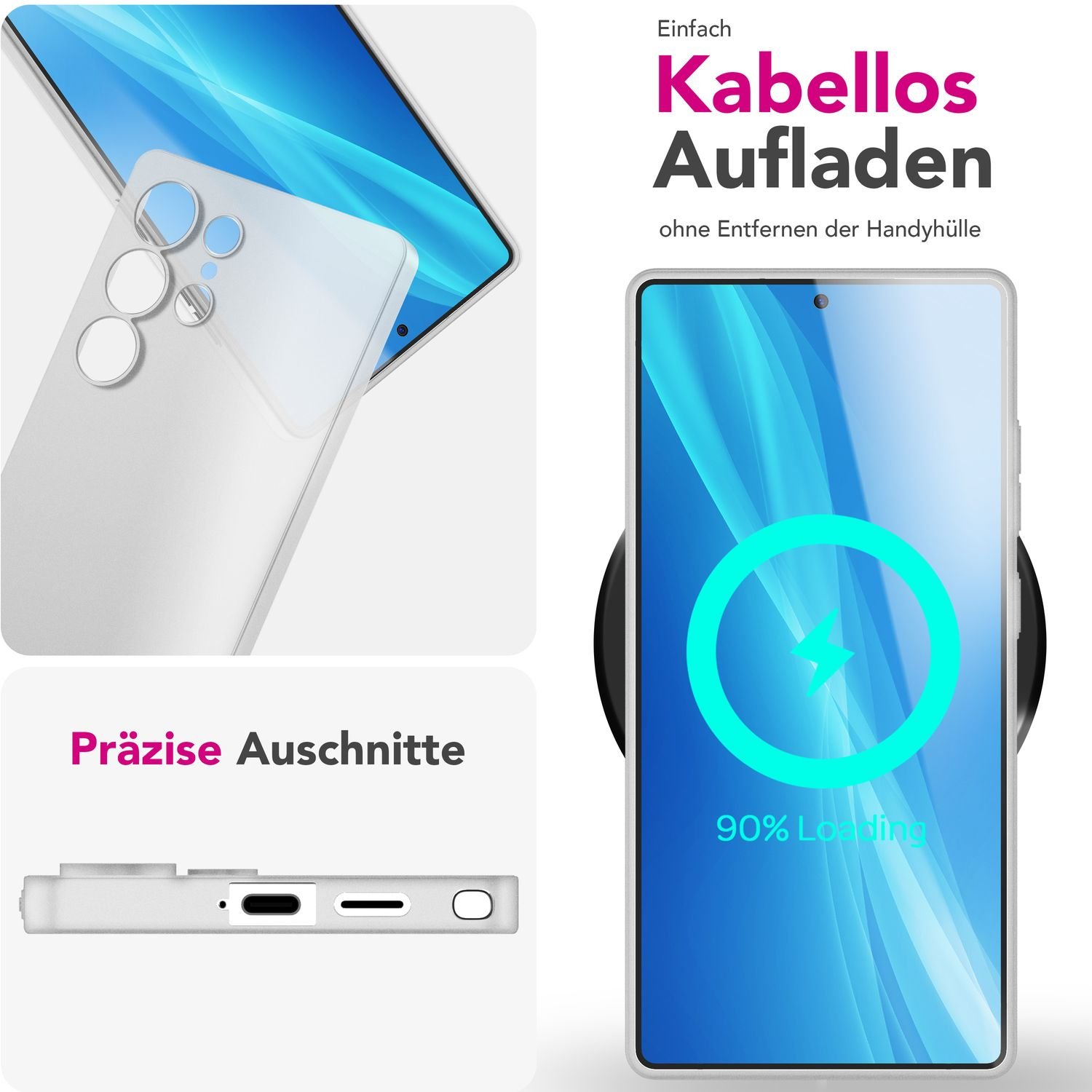 Weißes Handycase mit Telefon darin. Zeigt die Ladehülle und die kabellose Ladefunktion.