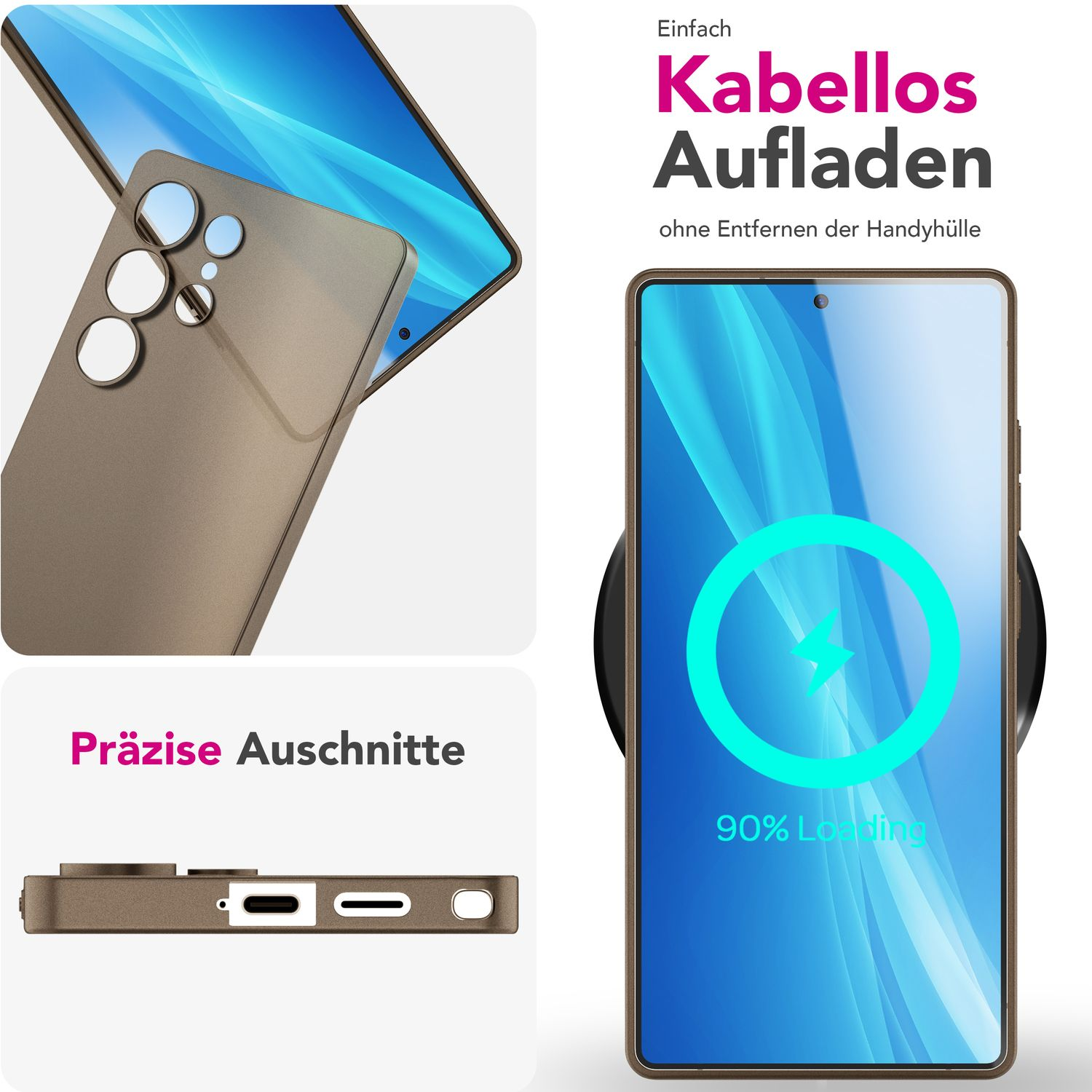 Telefon in Hülle, kabelloses Laden. Text: präzise Aussparungen und kabelloses Laden.