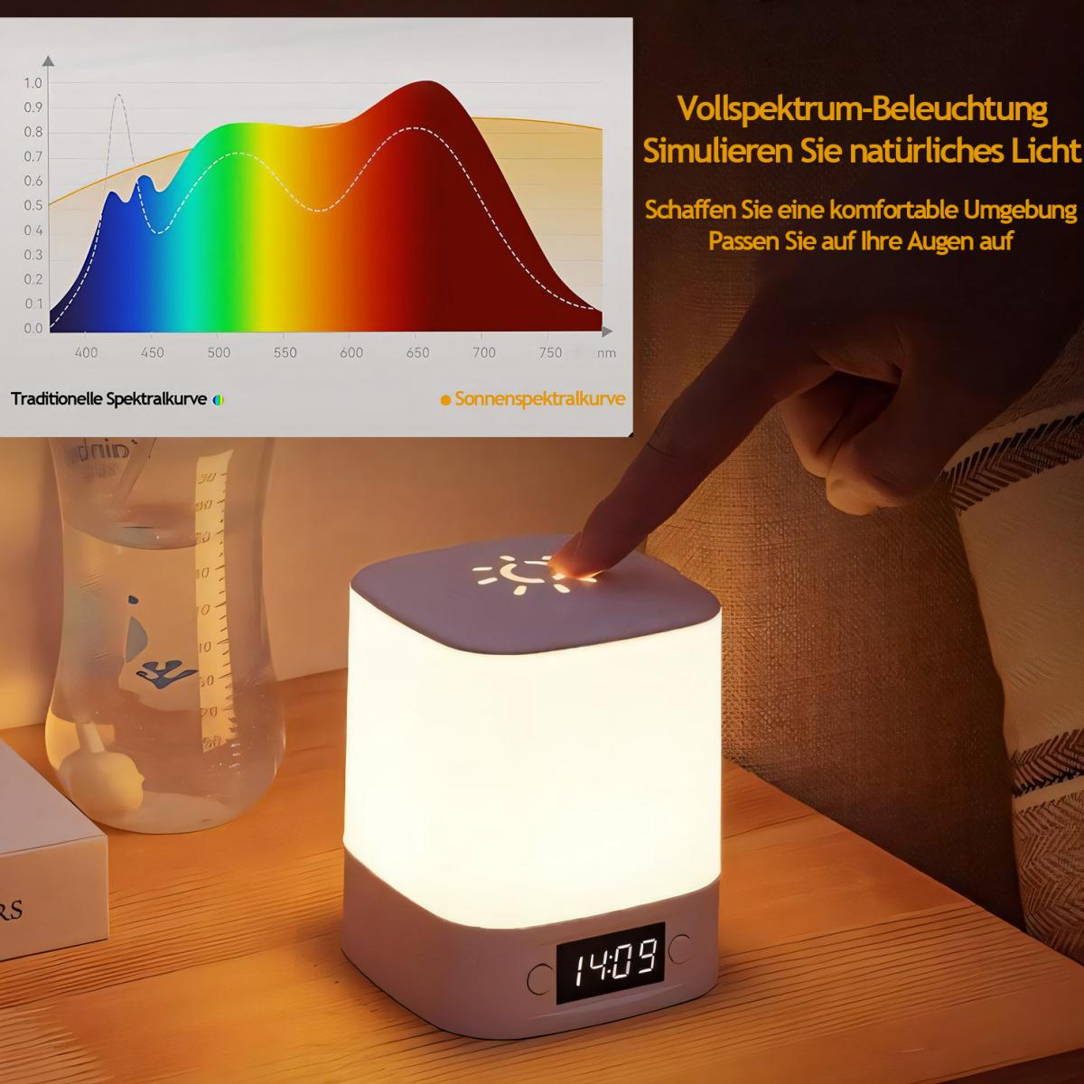 Eine Nachtlampe mit Digitaluhr und ein Finger, der den Knopf drückt.