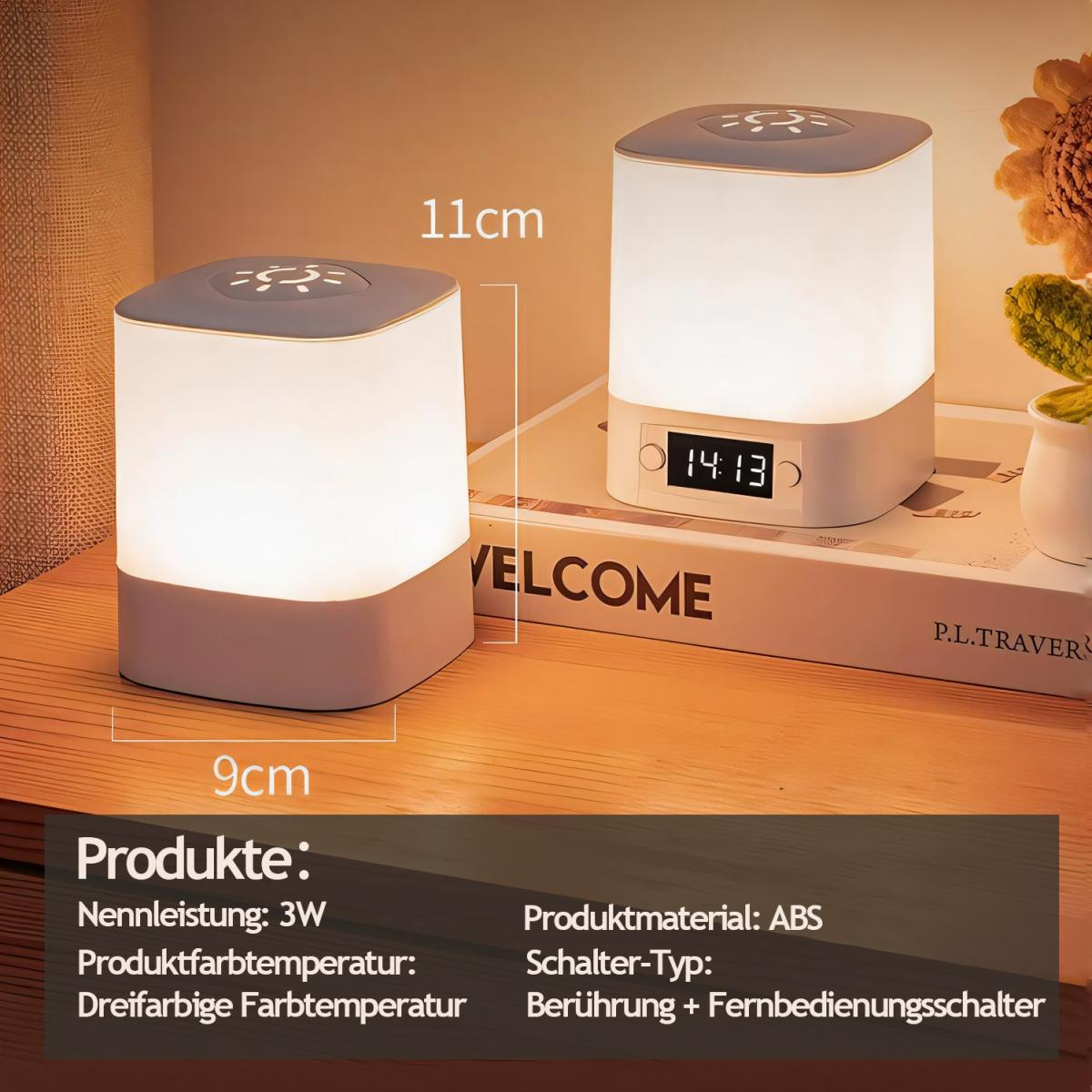 Zwei Nachtlichter nebeneinander. Text: 11cm, 9cm. Text: 3W, drei Farbtemperaturen.