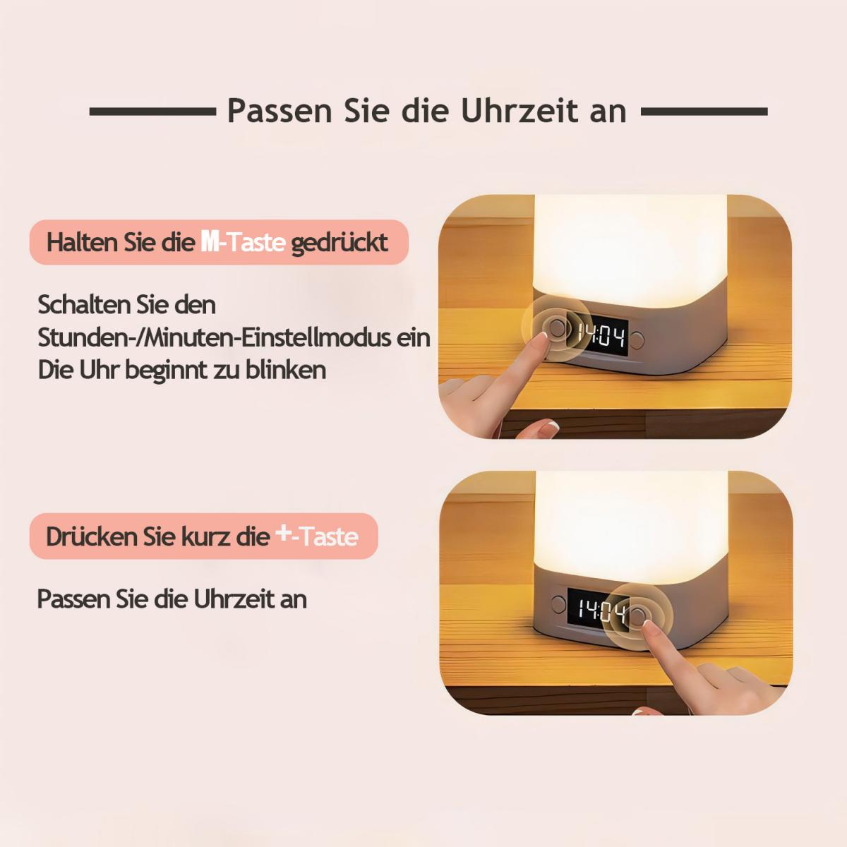 Anweisungen zum Einstellen der Uhrzeit auf einem Gerät. Hände berühren das Gerät und zeigen die Einstellungen.