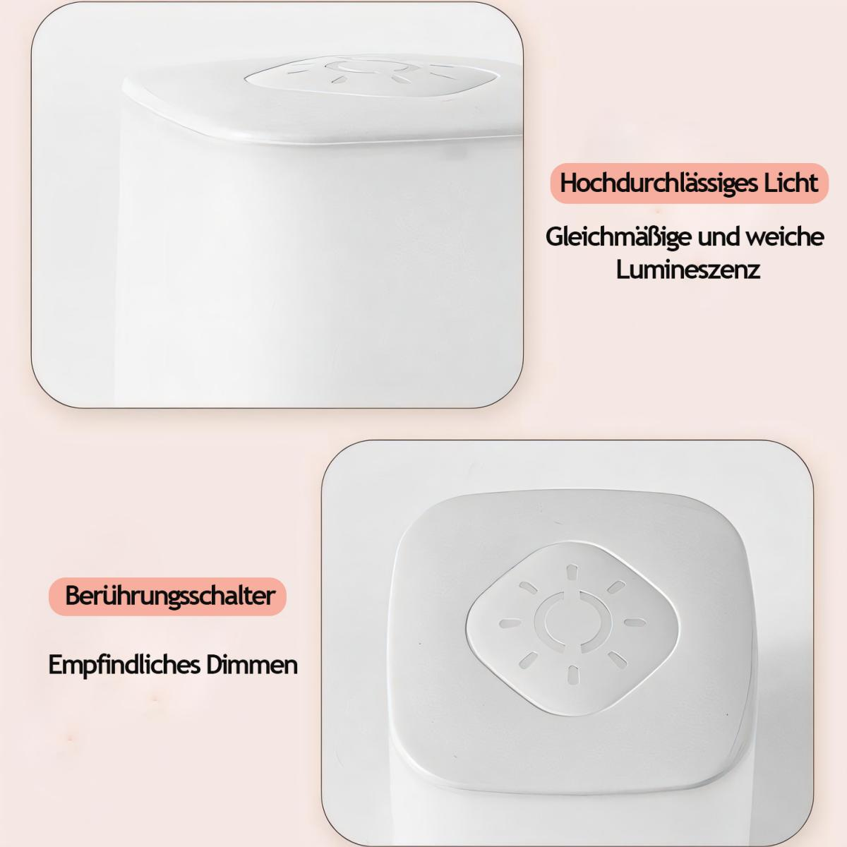 Eine weiße Lampe mit einem Berührungsschalter. Die Lampe hat einen runden Sockel und einen quadratischen Deckel mit Licht.