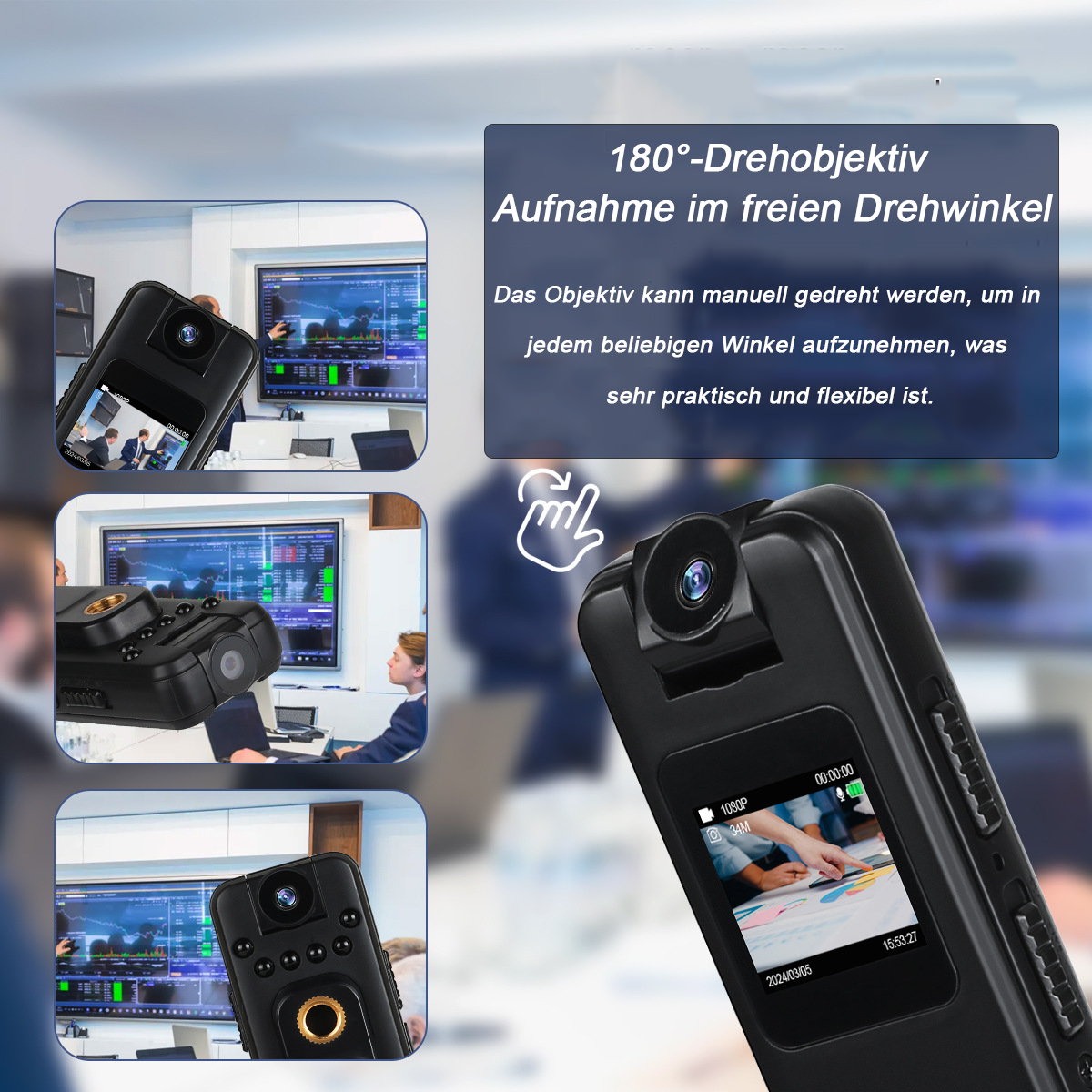 Eine Kamera in verschiedenen Ansichten, mit drehbarem Objektiv und einem Bildschirm, der Videoaufnahmen zeigt.