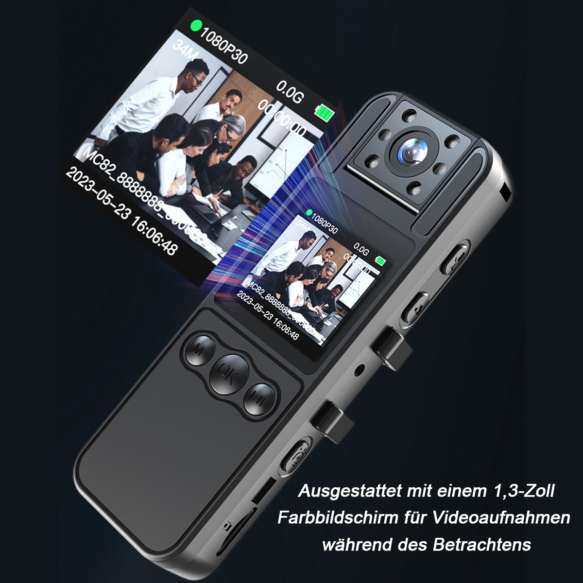 Kleiner schwarzer Videorekorder mit Bildschirm, der Menschen in einem Meeting zeigt. Tasten sind sichtbar.