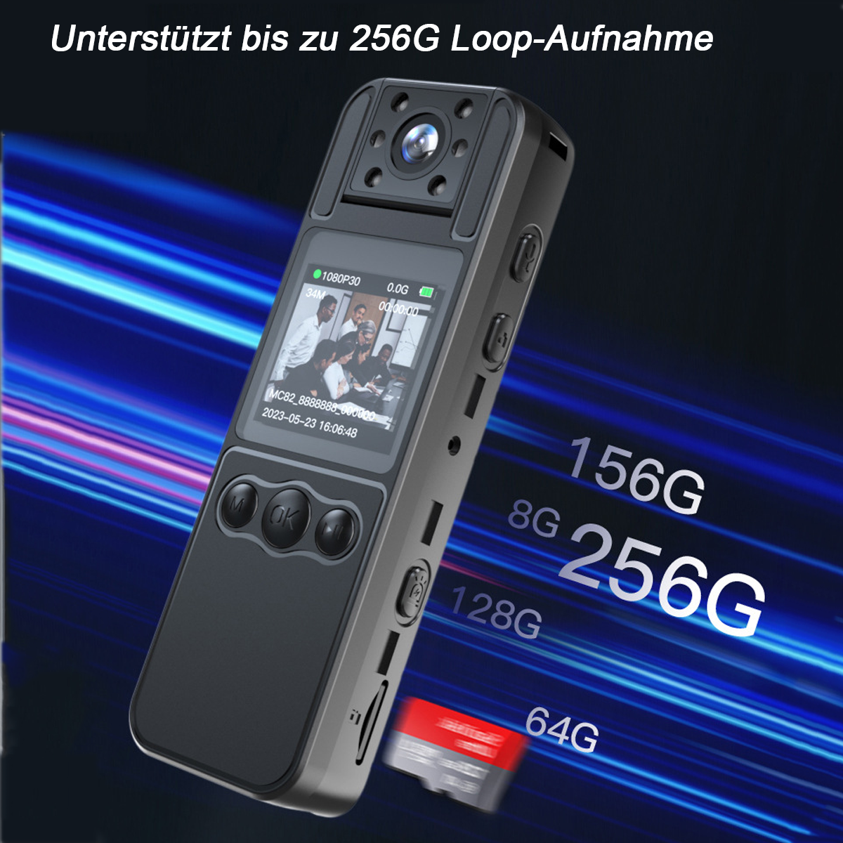 Schwarzes digitales Aufnahmegerät mit Bildschirm, der ein Video anzeigt, plus Speicherkarten Details.