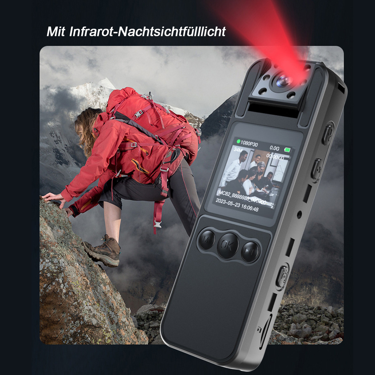 Miniaturkamera mit Bildschirm. Eine Frau klettert einen Berg. Roter Laser wird gezeigt.