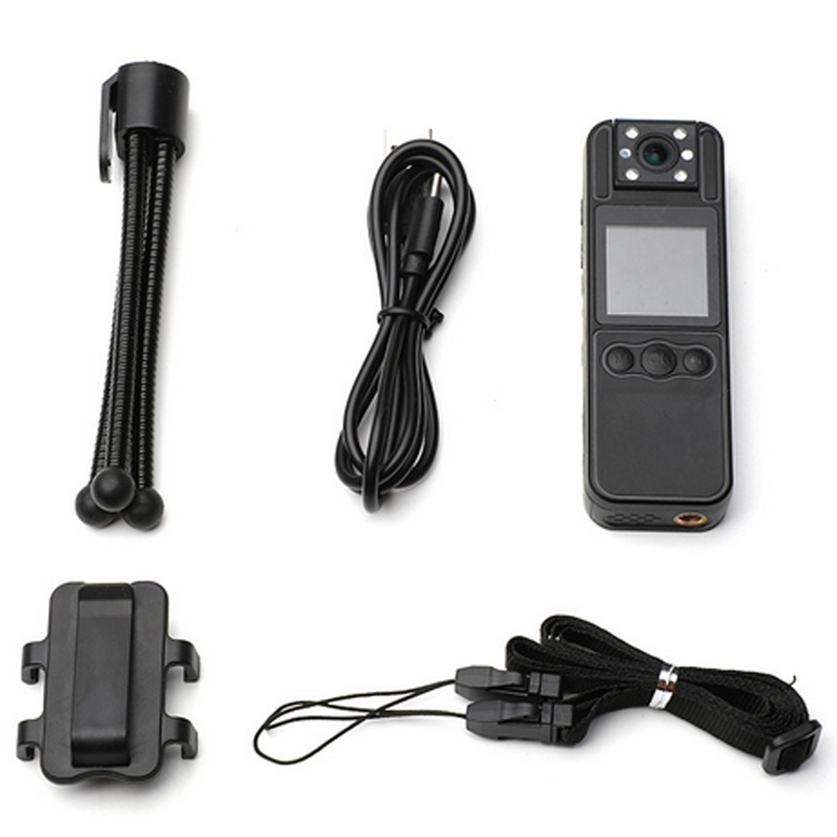 Set von schwarzen Mini-Spionagekamera-Zubehör: Stativ, Ladekabel, Kamera, Clip und Gurt.