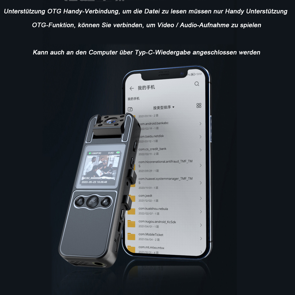 Smartphone-Bildschirm mit Dateiliste und schwarzem Aufnahmegerät.