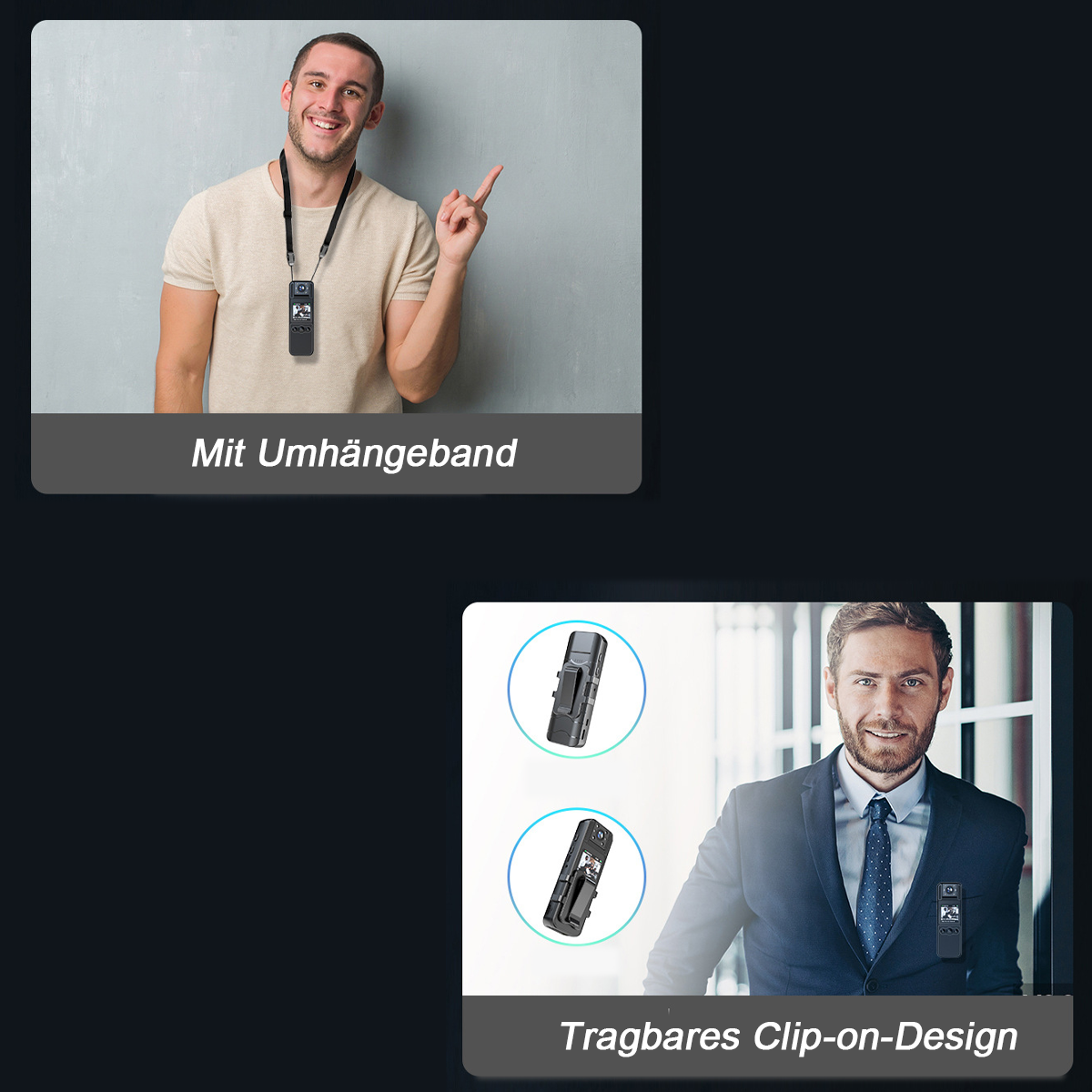 Zwei Bilder, die einen Mann mit einem Lanyard-Mikrofon und einen Mann mit einem Clip-Mikrofon zeigen.