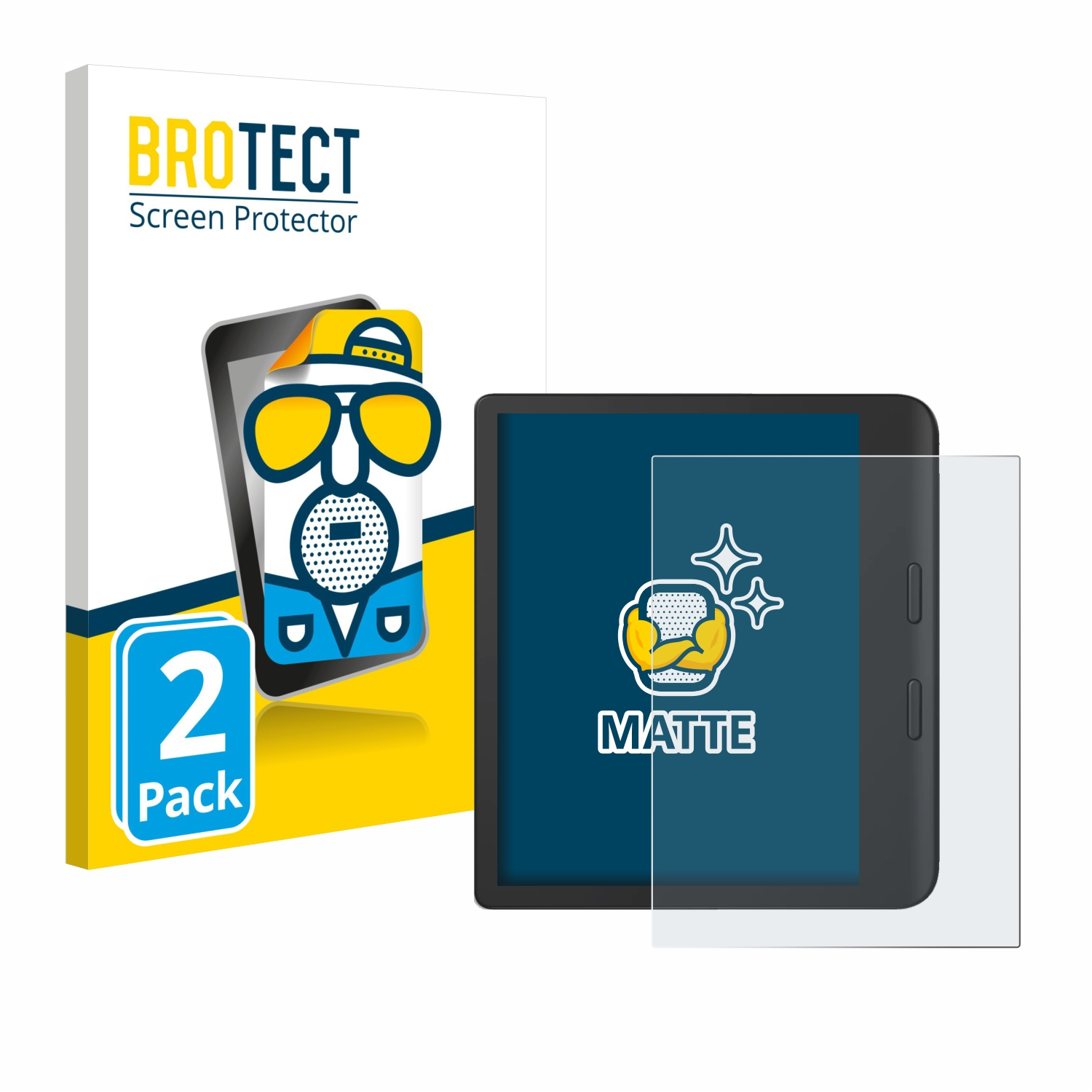 Brotect-Displayschutzbox, ein Tablet und eine matte Displayschutzfolie mit einer Illustration.