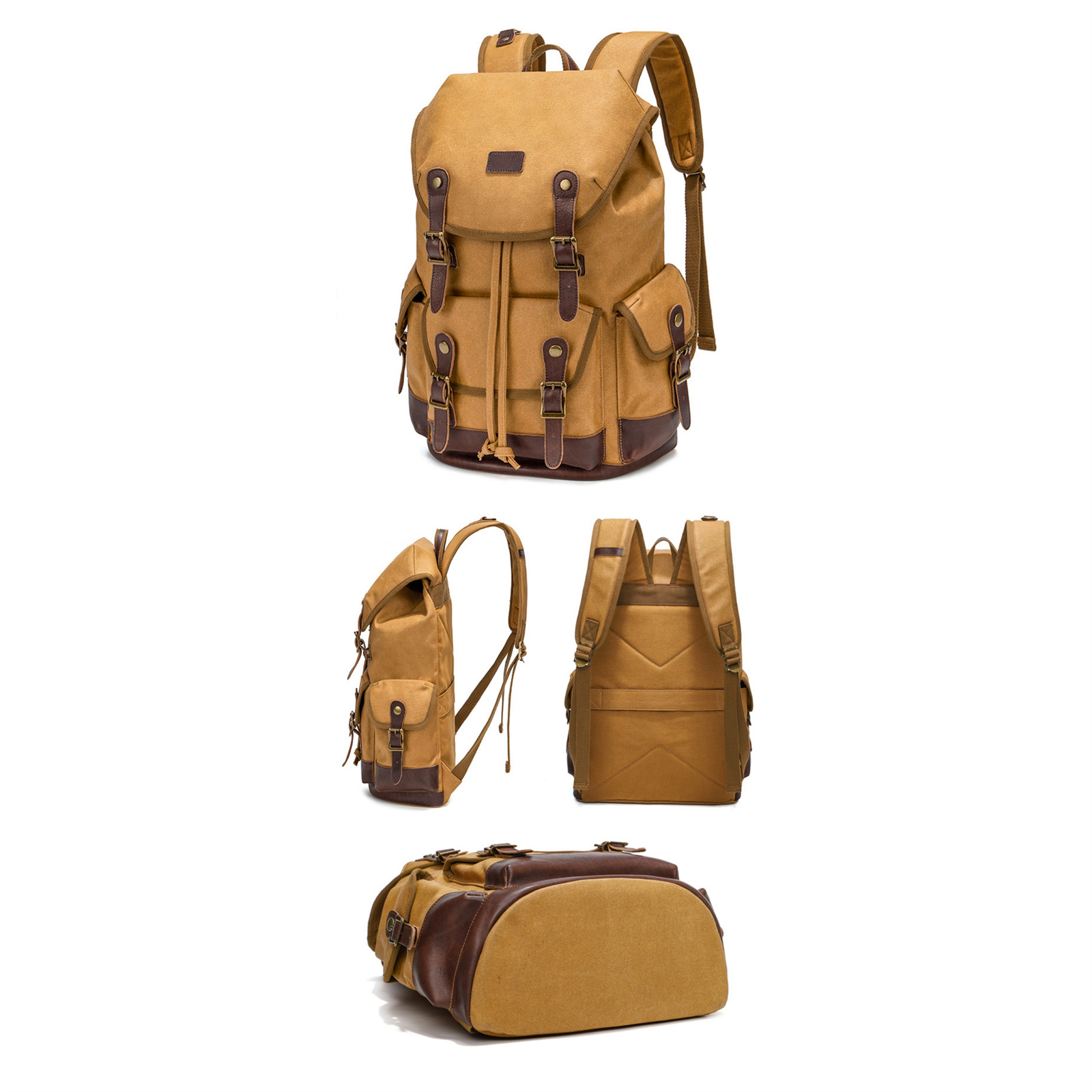 Ein brauner Rucksack mit mehreren Taschen und Riemen, aus verschiedenen Blickwinkeln gezeigt.